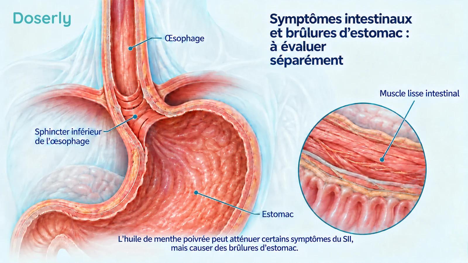 La jonction de l’œsophage et de l’estomac est montrée à côté d’un encadré agrandi du muscle lisse intestinal.