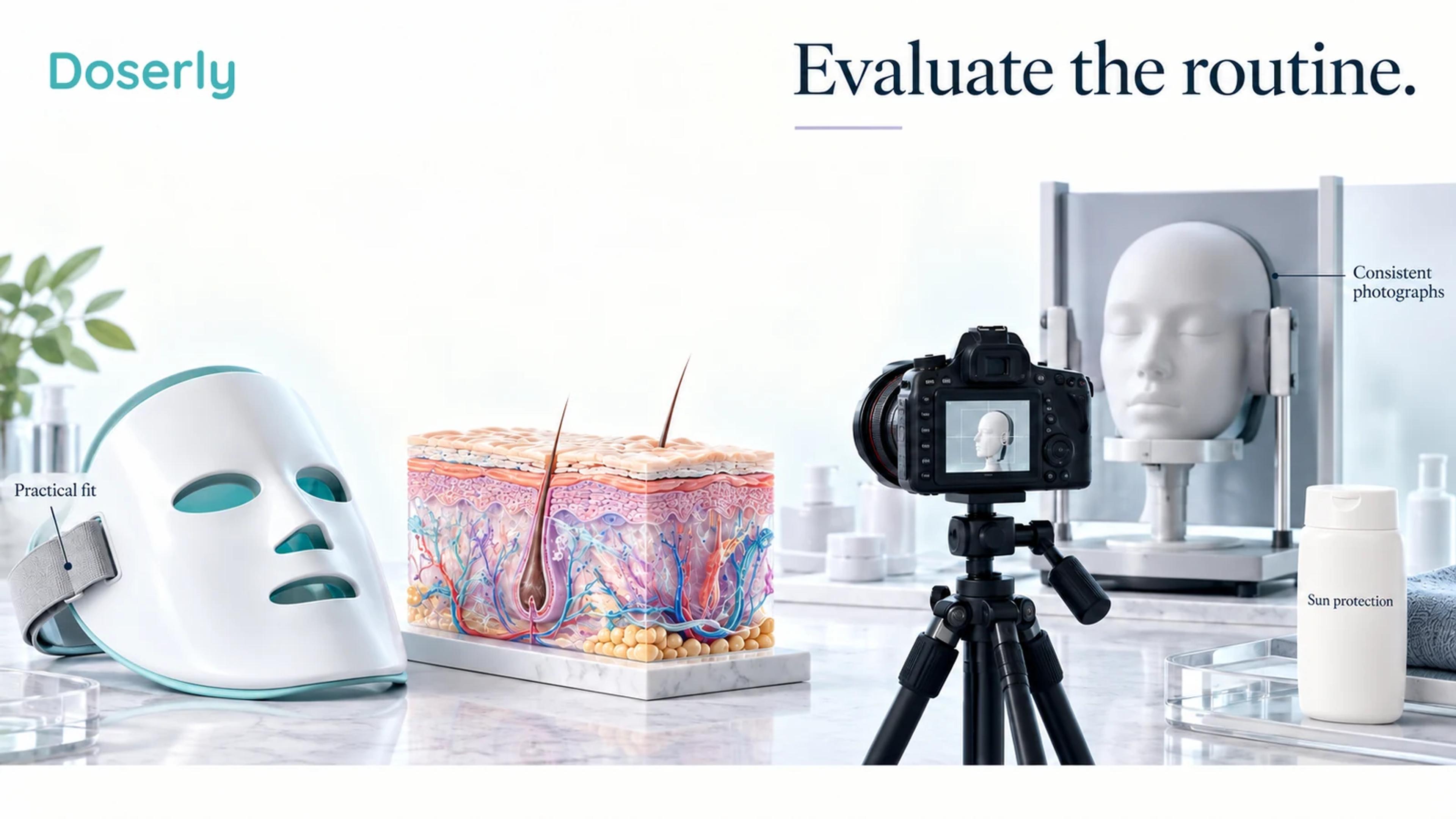 A neutral unlit facial device rests beside skin anatomy and consistent photographic assessment equipment.