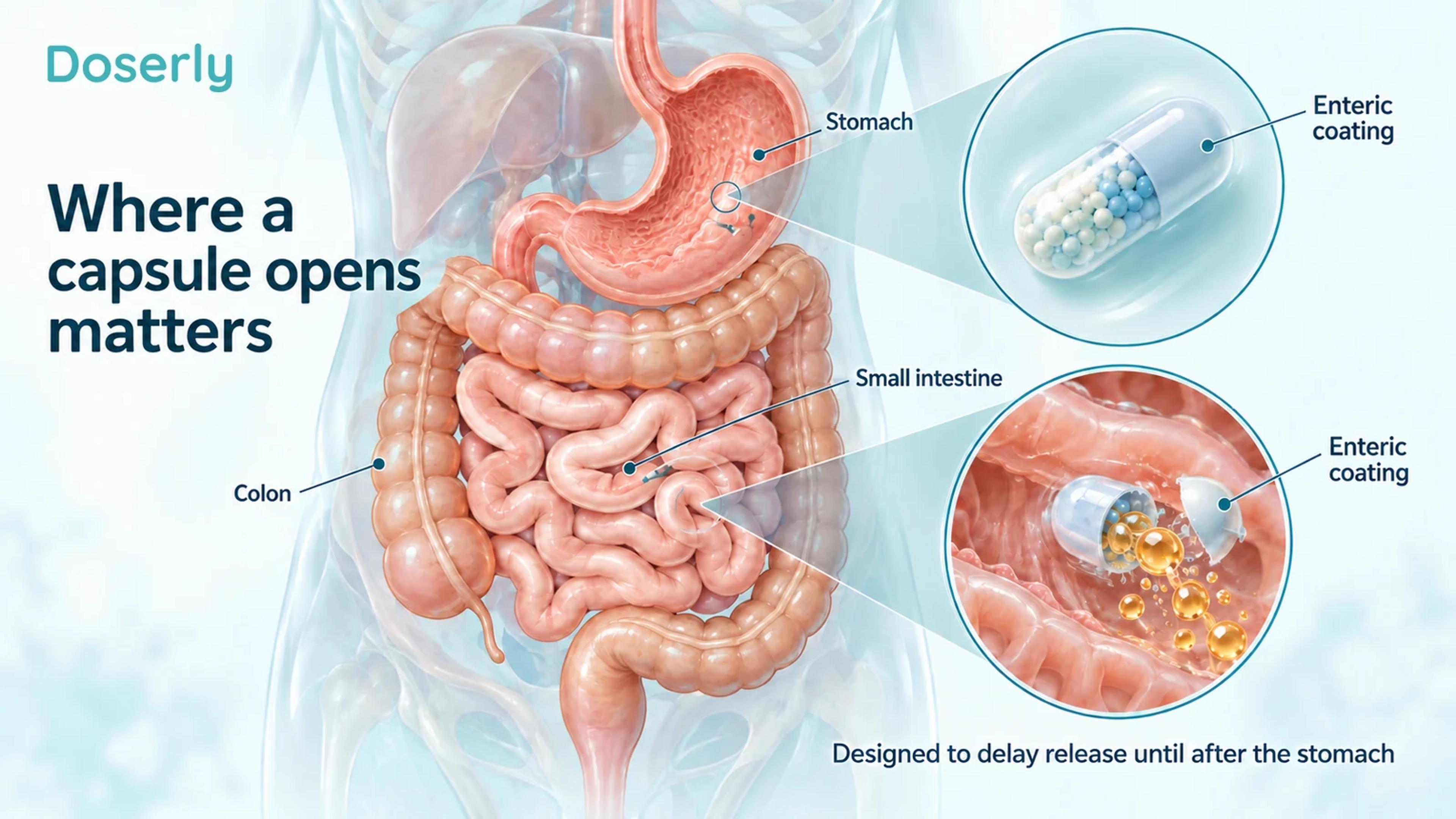 Digestive anatomy and enlarged capsule insets illustrate delayed release after the stomach.