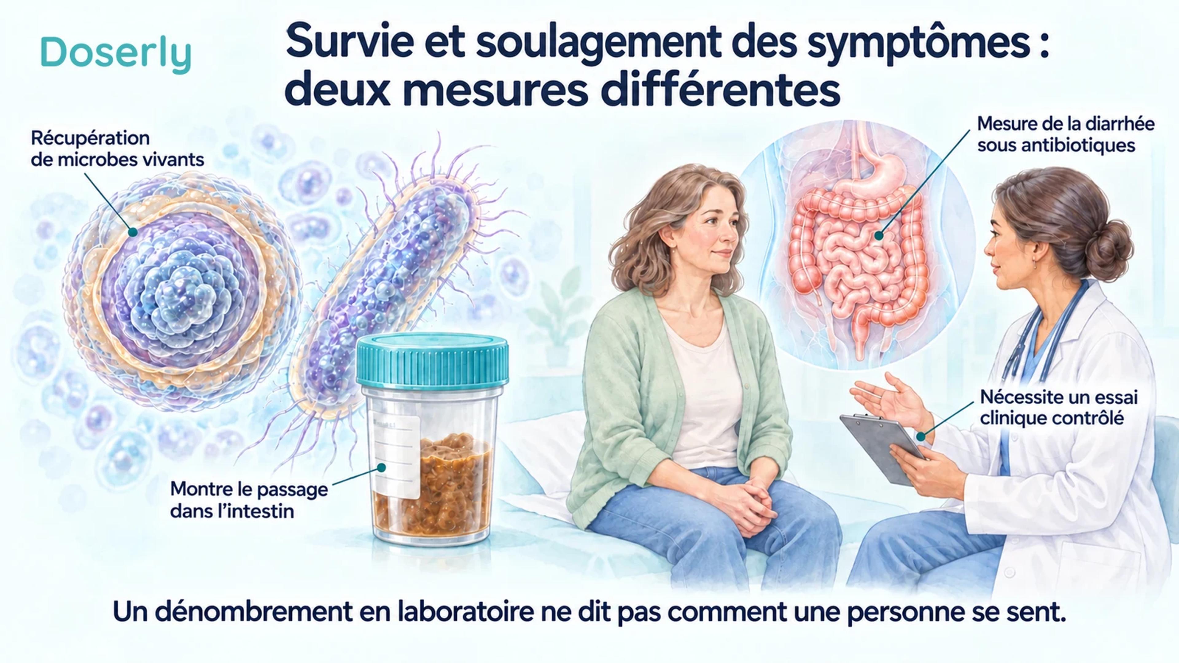 Illustration comparant la récupération en laboratoire de microbes vivants à partir d’un échantillon de selles à une discussion clinique sur la diarrhée pendant un traitement antibiotique.
