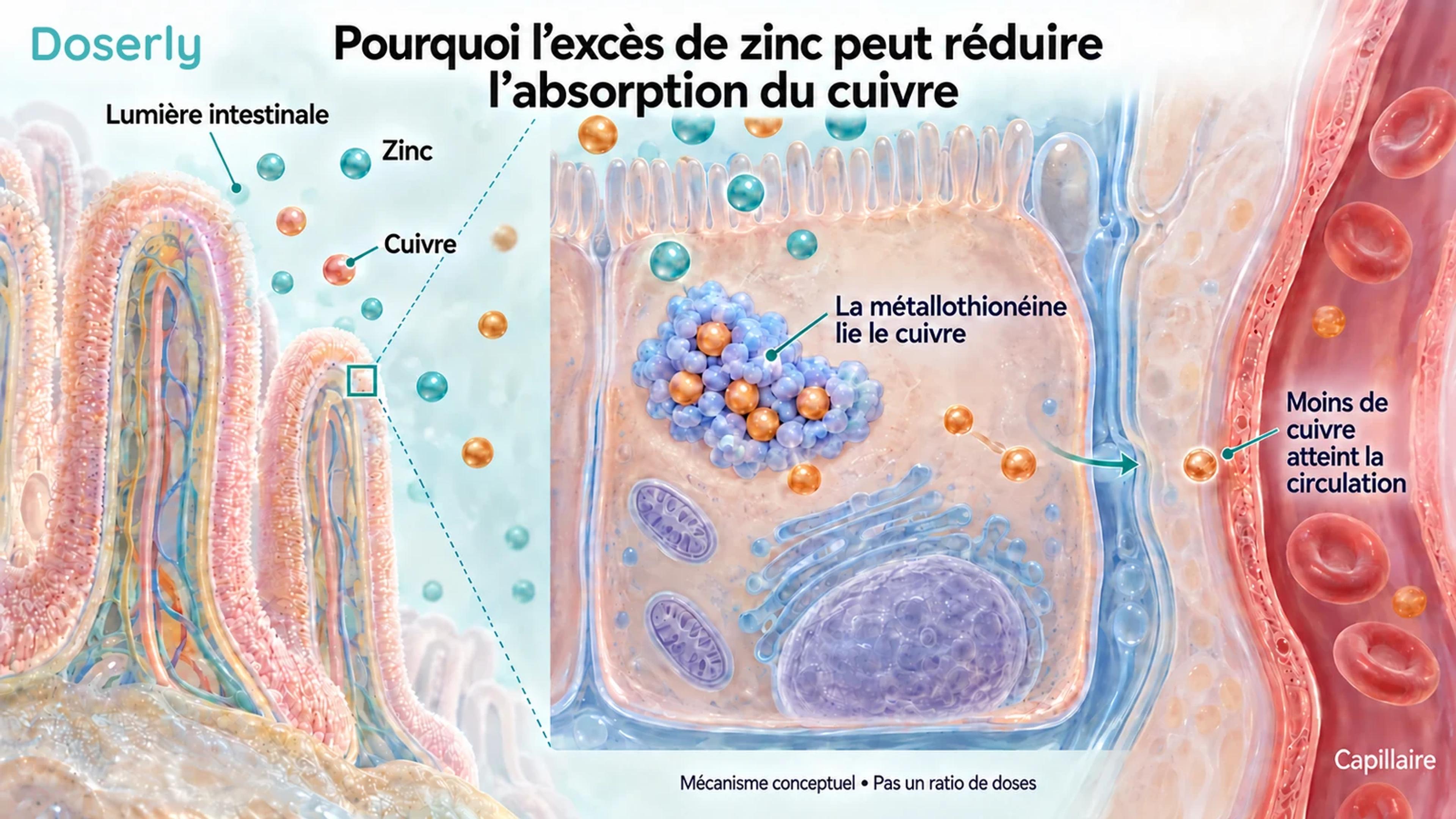 Villosité intestinale et cellule de la muqueuse agrandie montrant le cuivre retenu par la métallothionéine.