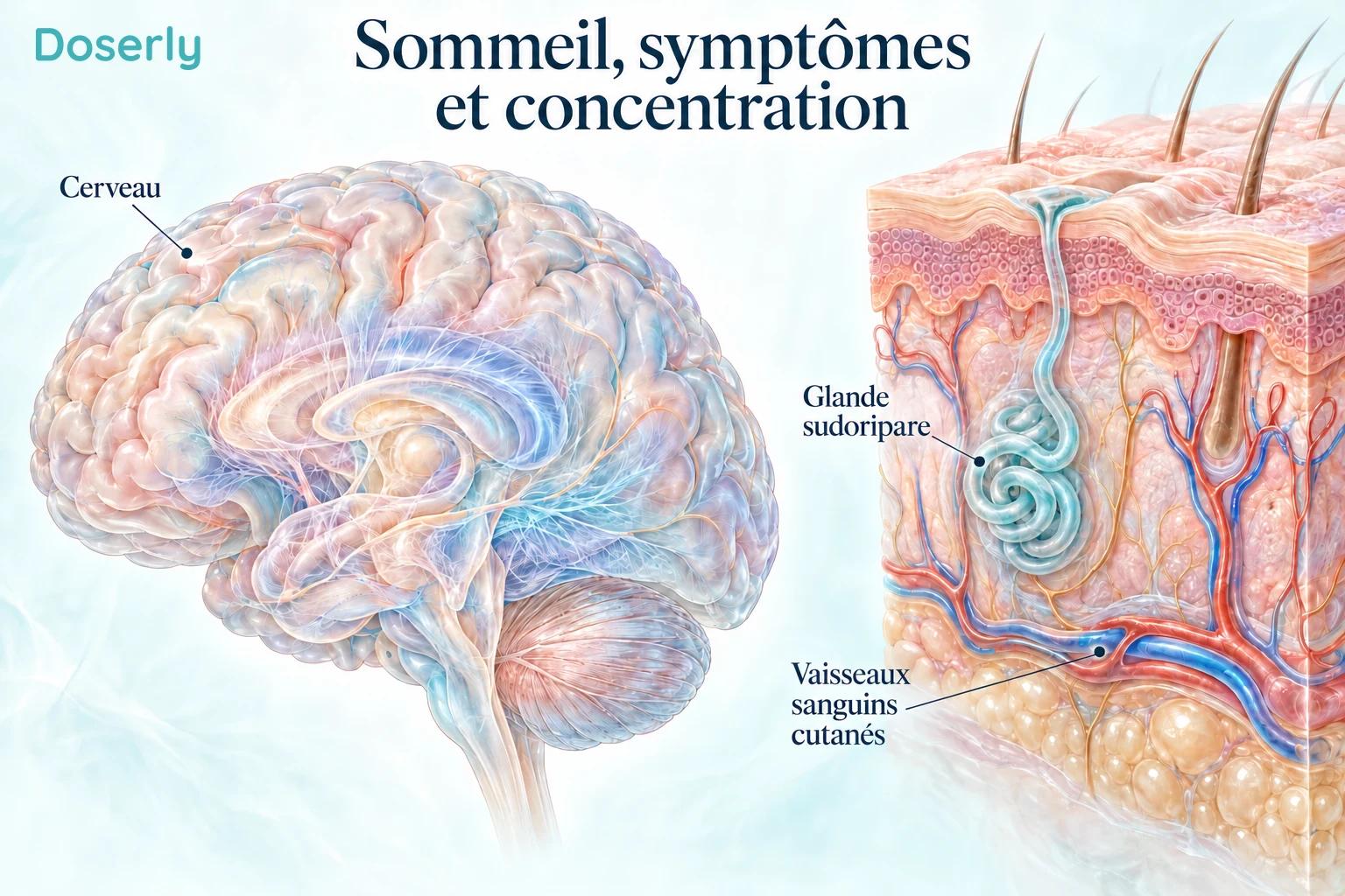 Illustration d’un cerveau à côté de la peau, avec une glande sudoripare et des vaisseaux sanguins, pour présenter le sommeil, les symptômes et la concentration.