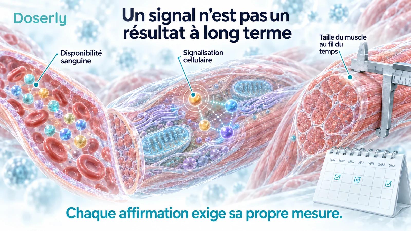 Une vue en coupe d’un vaisseau sanguin, des signaux schématiques de cellules musculaires et une scène de mesure du muscle distinguent la disponibilité, la signalisation et les résultats à plus long terme.