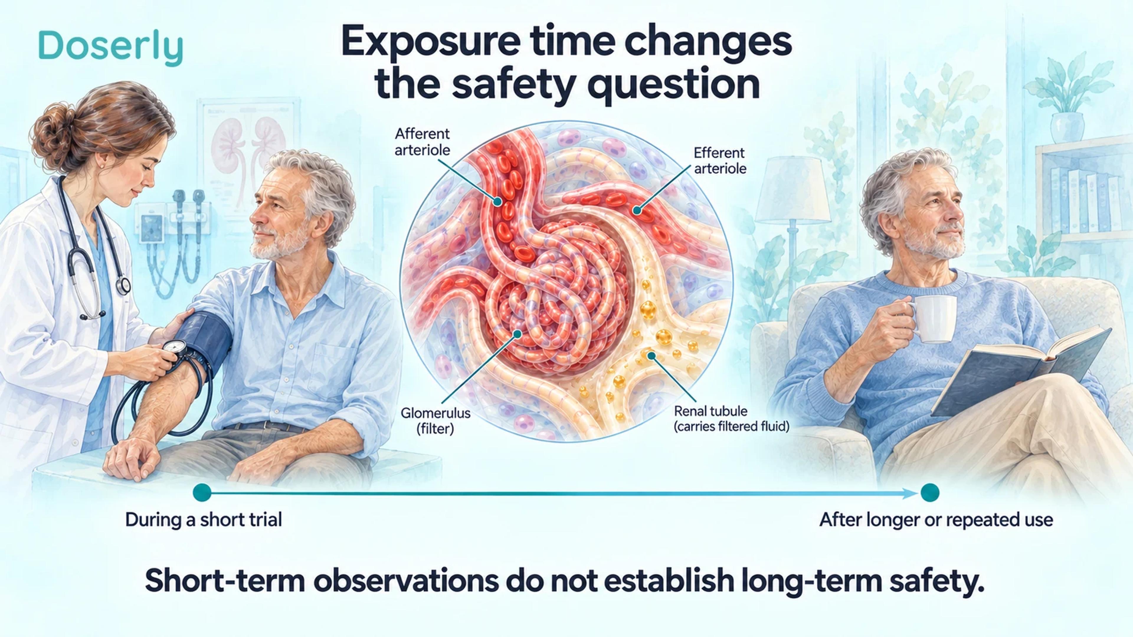 Clinical monitoring during a short study contrasted with a later home scene, with a conceptual kidney filter between them.