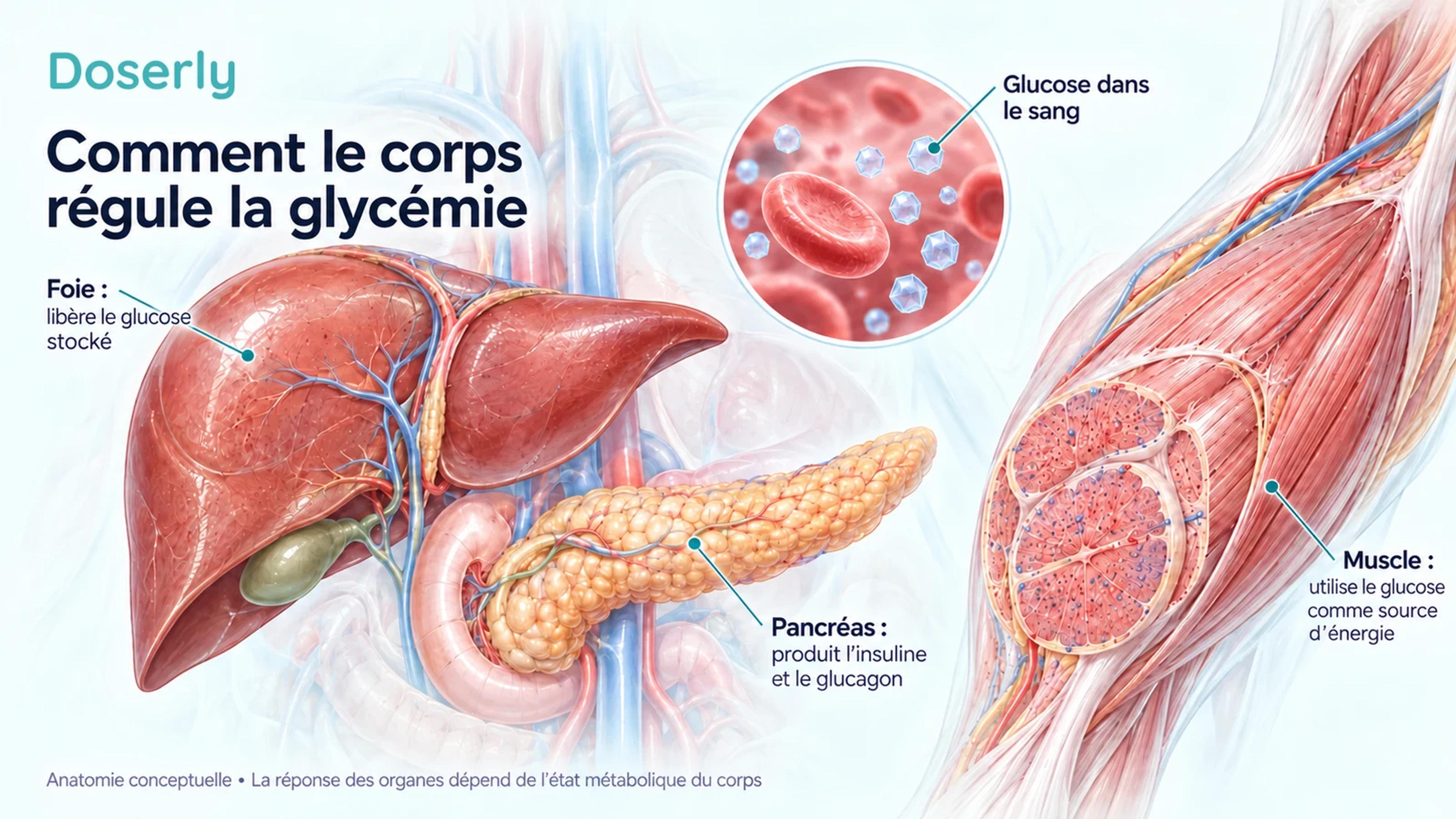 Anatomie détaillée du foie, du pancréas et des muscles squelettiques montrant leur rôle dans la régulation de la glycémie.