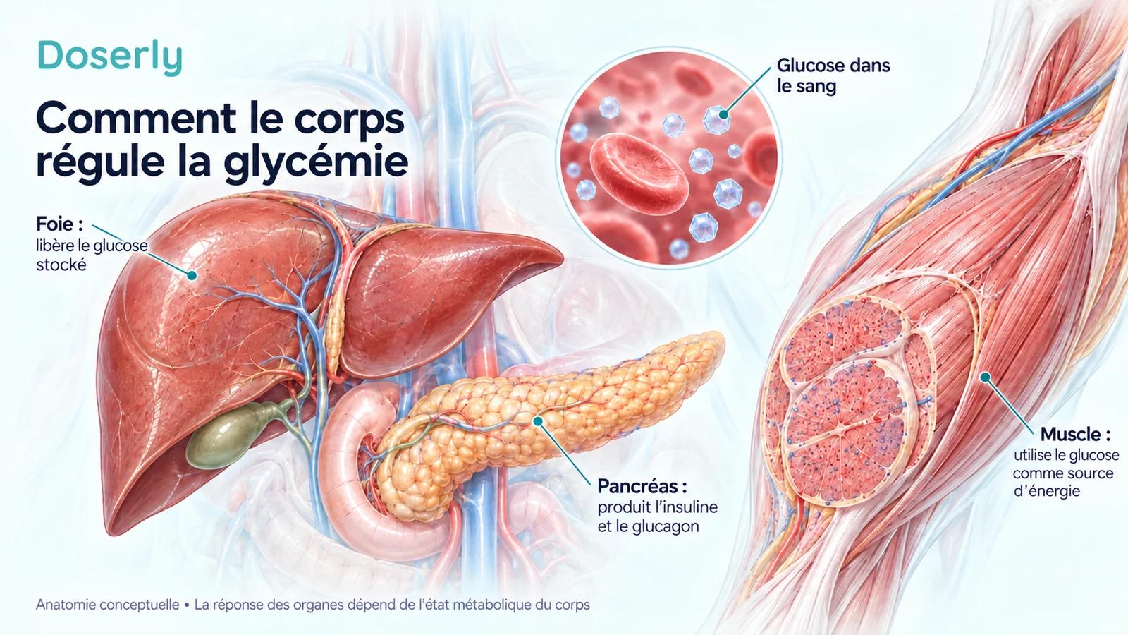Anatomie détaillée du foie, du pancréas et des muscles squelettiques montrant leur rôle dans la régulation de la glycémie.