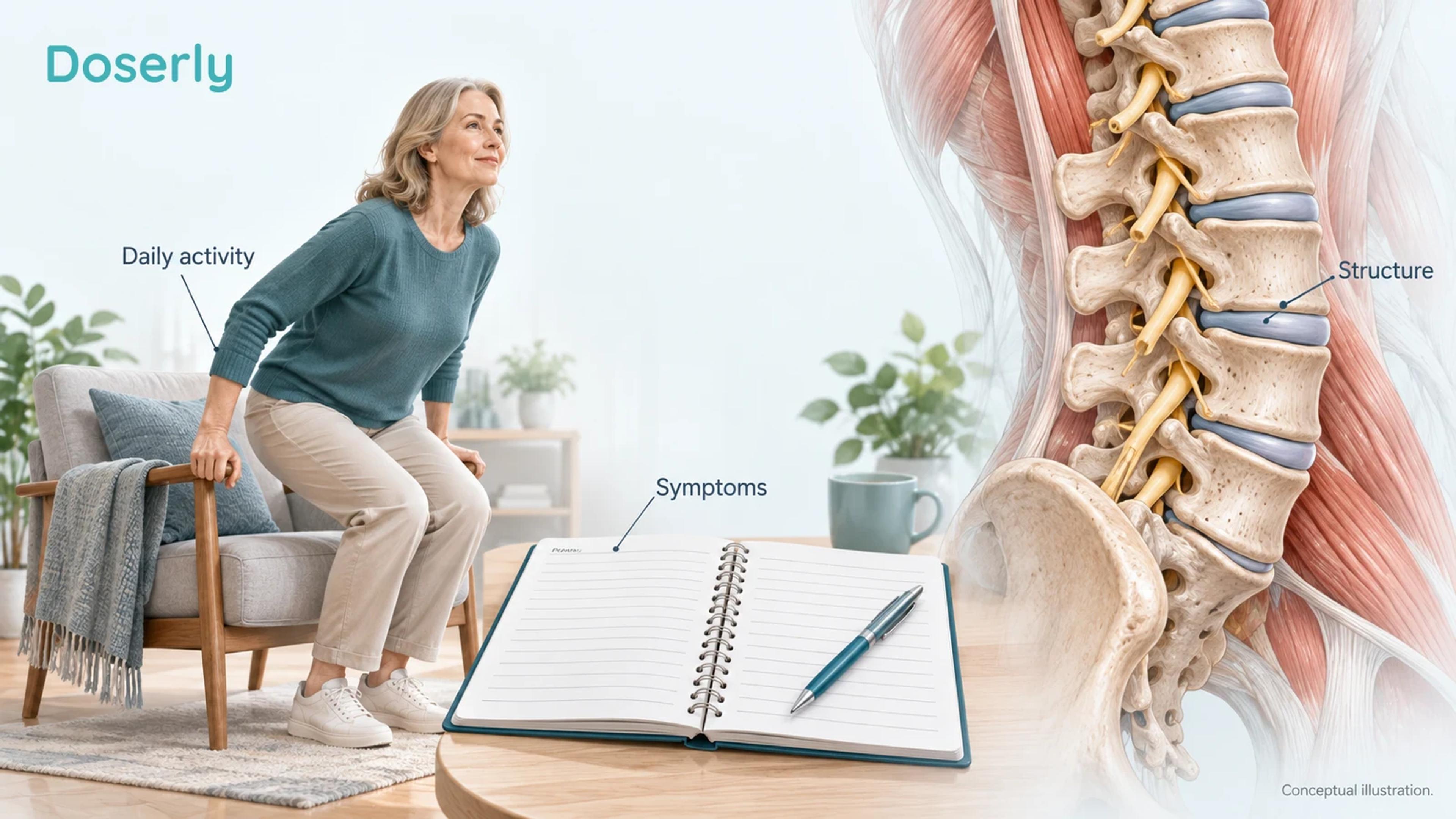 Conceptual lumbar spine model beside a person doing a comfortable daily movement and a blank symptom diary, with no before-and-after scans.