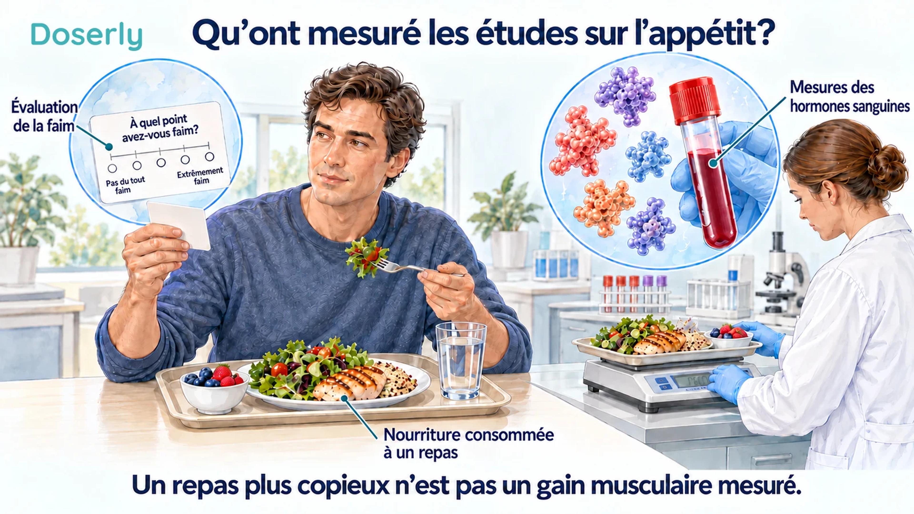 Un participant peint utilise une échelle subjective de la faim près d’un repas de recherche et d’une pesée de plateau, avec un encadré distinct sur les hormones sanguines.