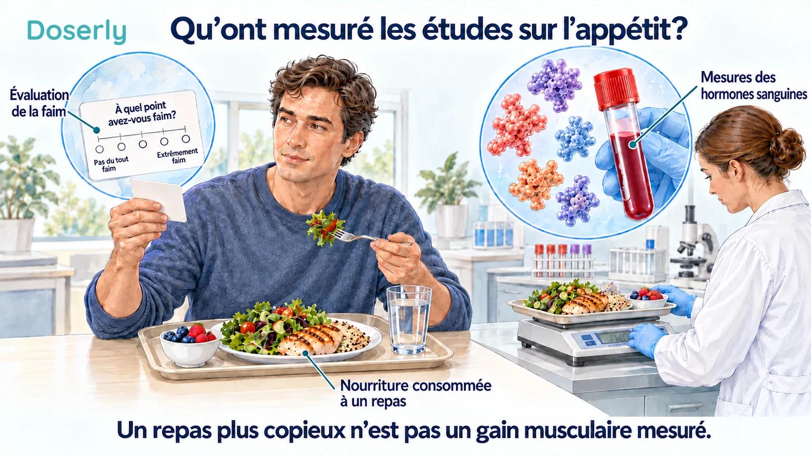 Un participant peint utilise une échelle subjective de la faim près d’un repas de recherche et d’une pesée de plateau, avec un encadré distinct sur les hormones sanguines.