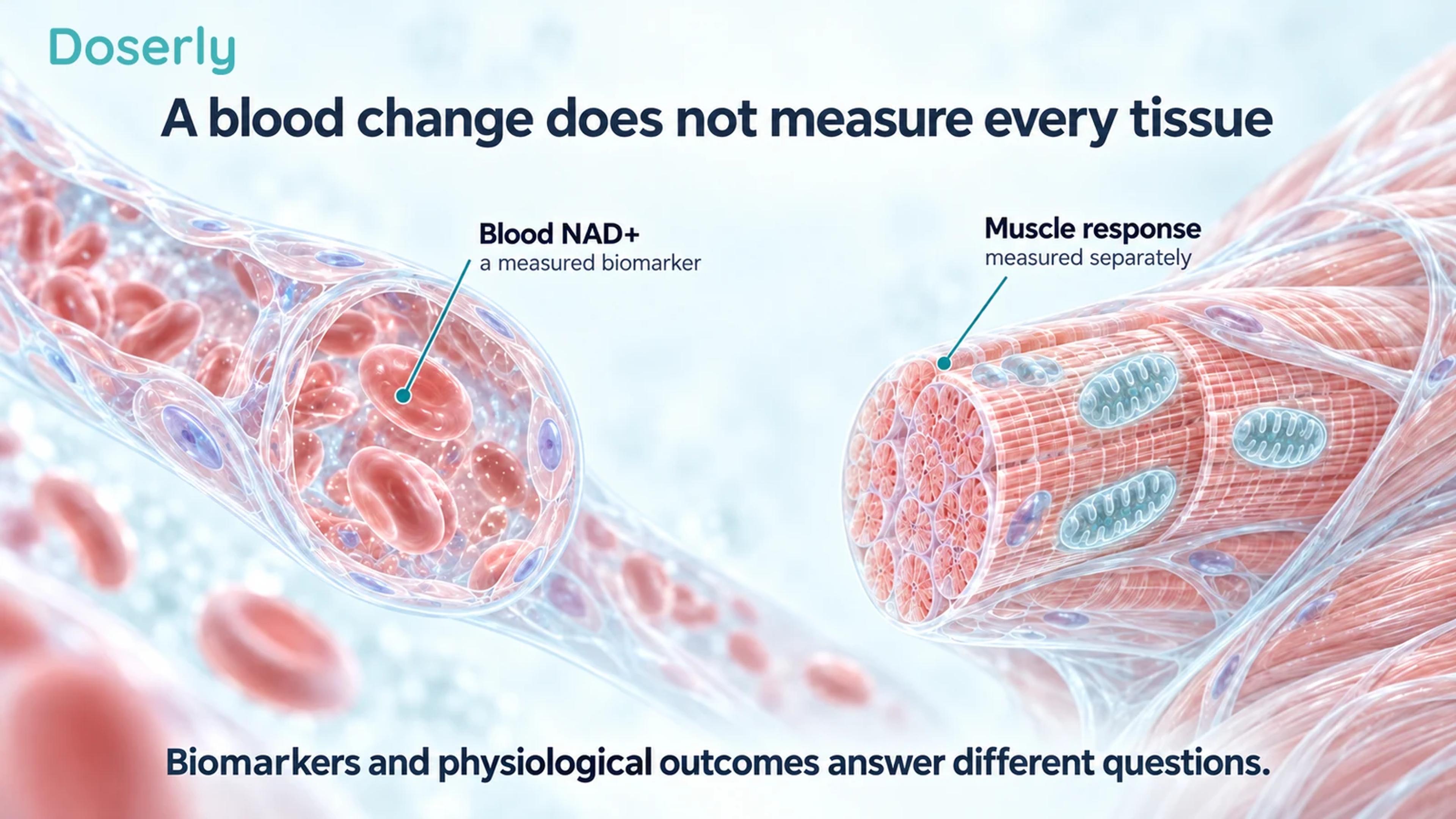 Detailed capillary and skeletal-muscle illustrations distinguish blood NAD measurements from separately assessed muscle responses.