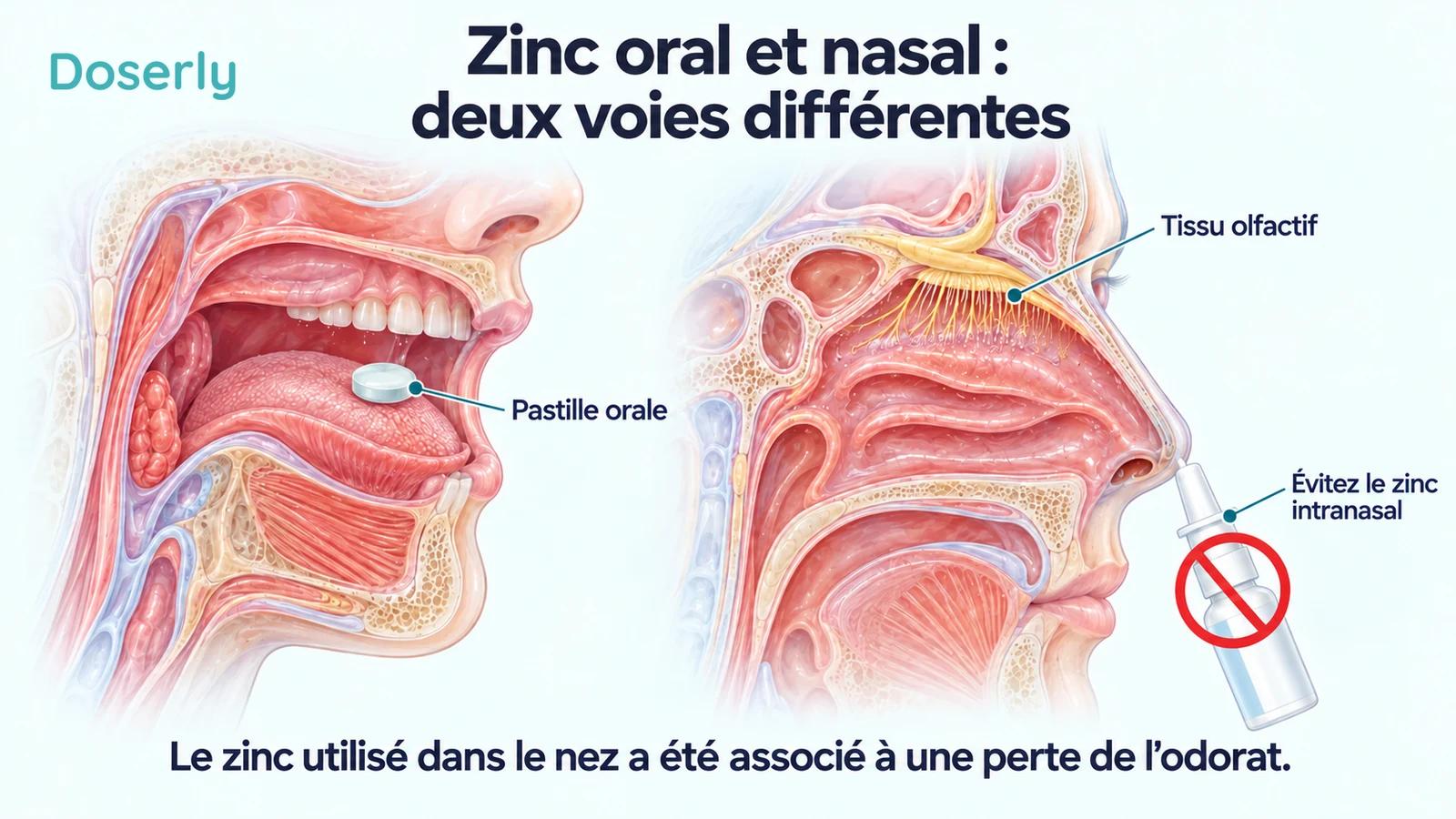 L’exposition à une pastille orale est mise en contraste avec l’anatomie nasale et les tissus qui perçoivent les odeurs, à côté d’un vaporisateur nasal barré.