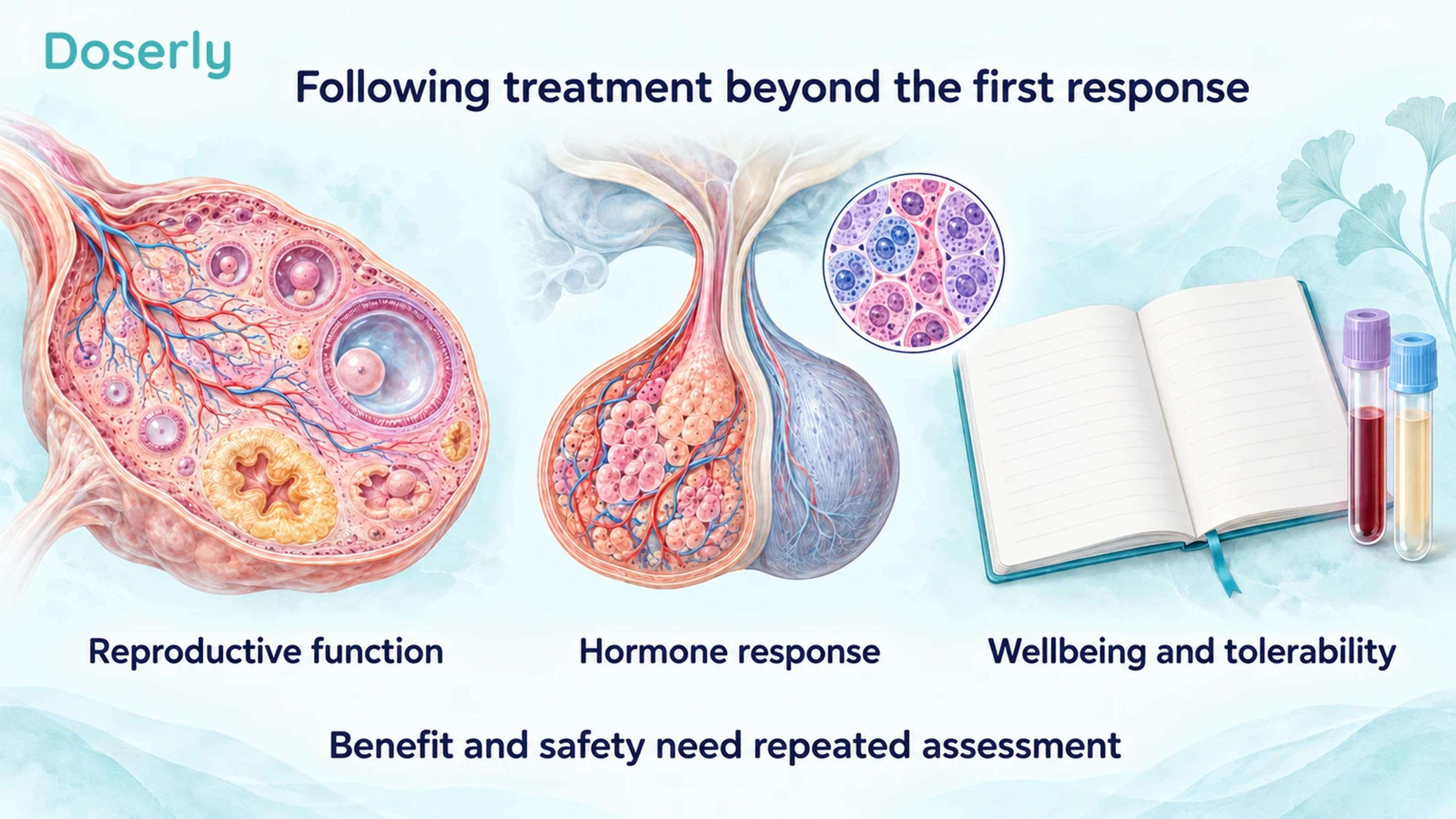 Detailed ovary and pituitary cutaways beside a blank notebook and sample tubes illustrate reproductive function, hormone response and wellbeing during follow-up.