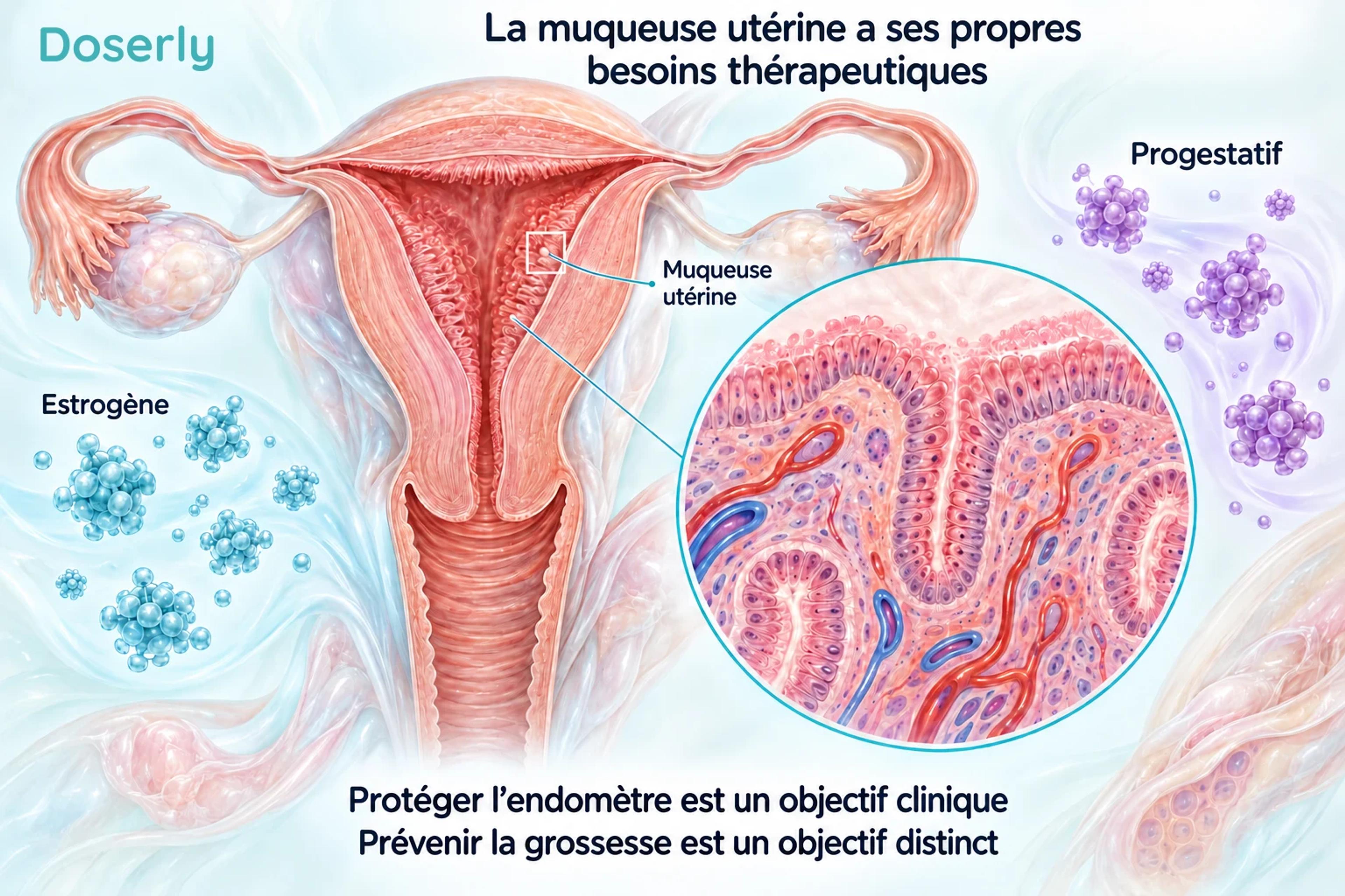 La muqueuse utérine et des particules symbolisant l’estrogène et le progestatif illustrent les objectifs du traitement de l’endomètre.