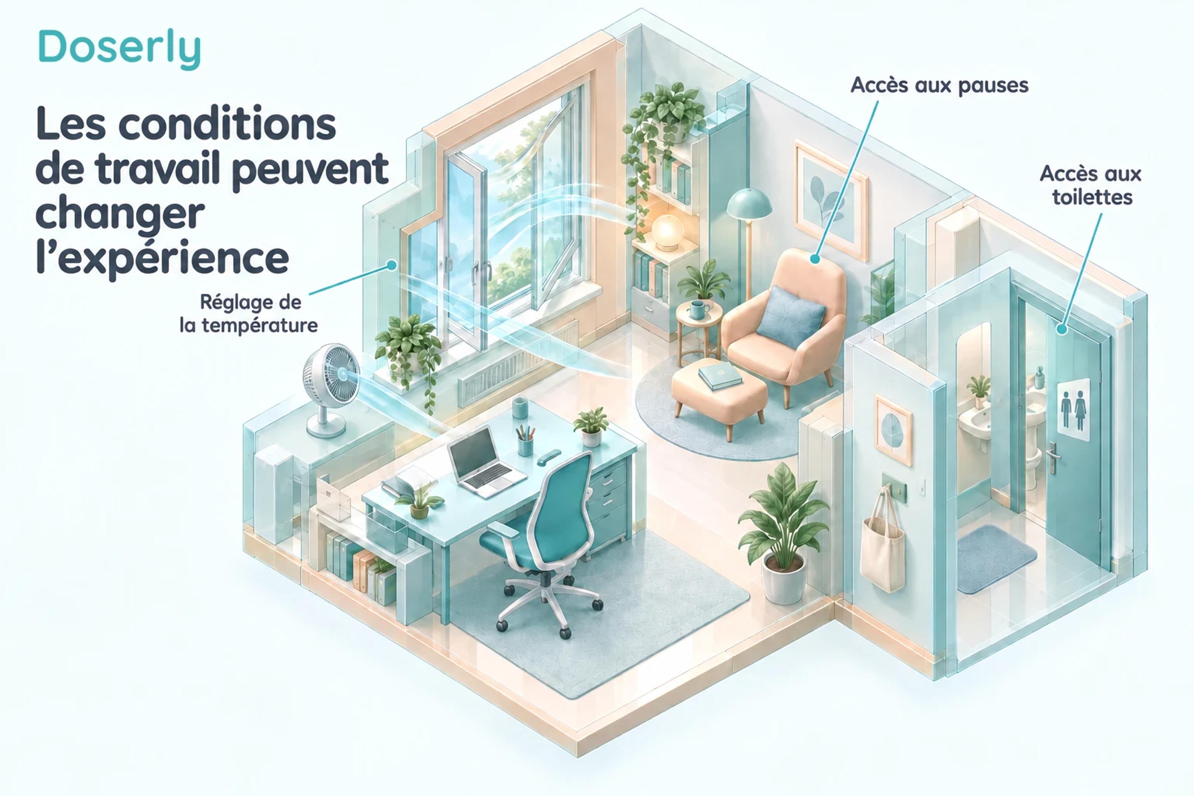 Illustration en coupe d’un local de travail mettant en évidence la ventilation, un espace de pause et l’accès à des toilettes à proximité.