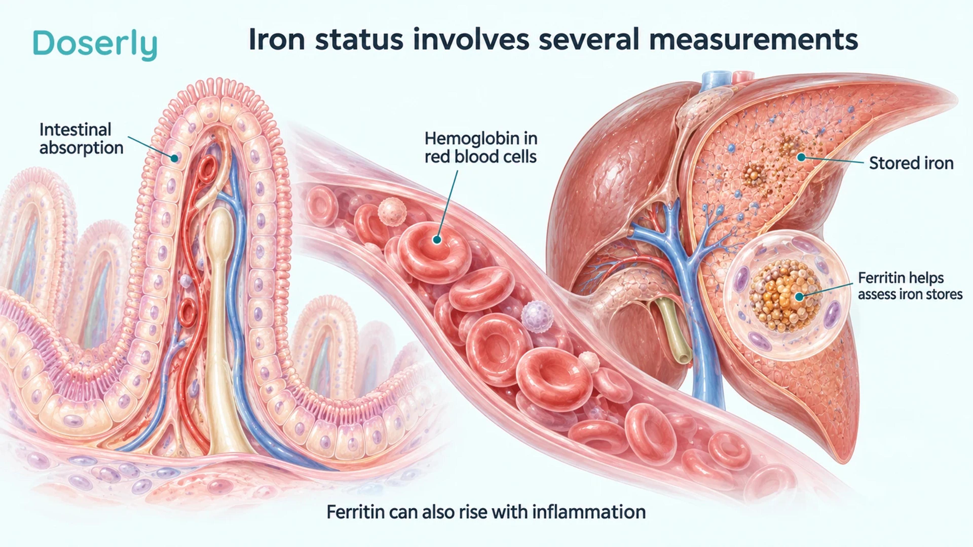Small-intestinal absorption anatomy, red blood cells and liver tissue illustrating hemoglobin and stored iron as different aspects of iron status.
