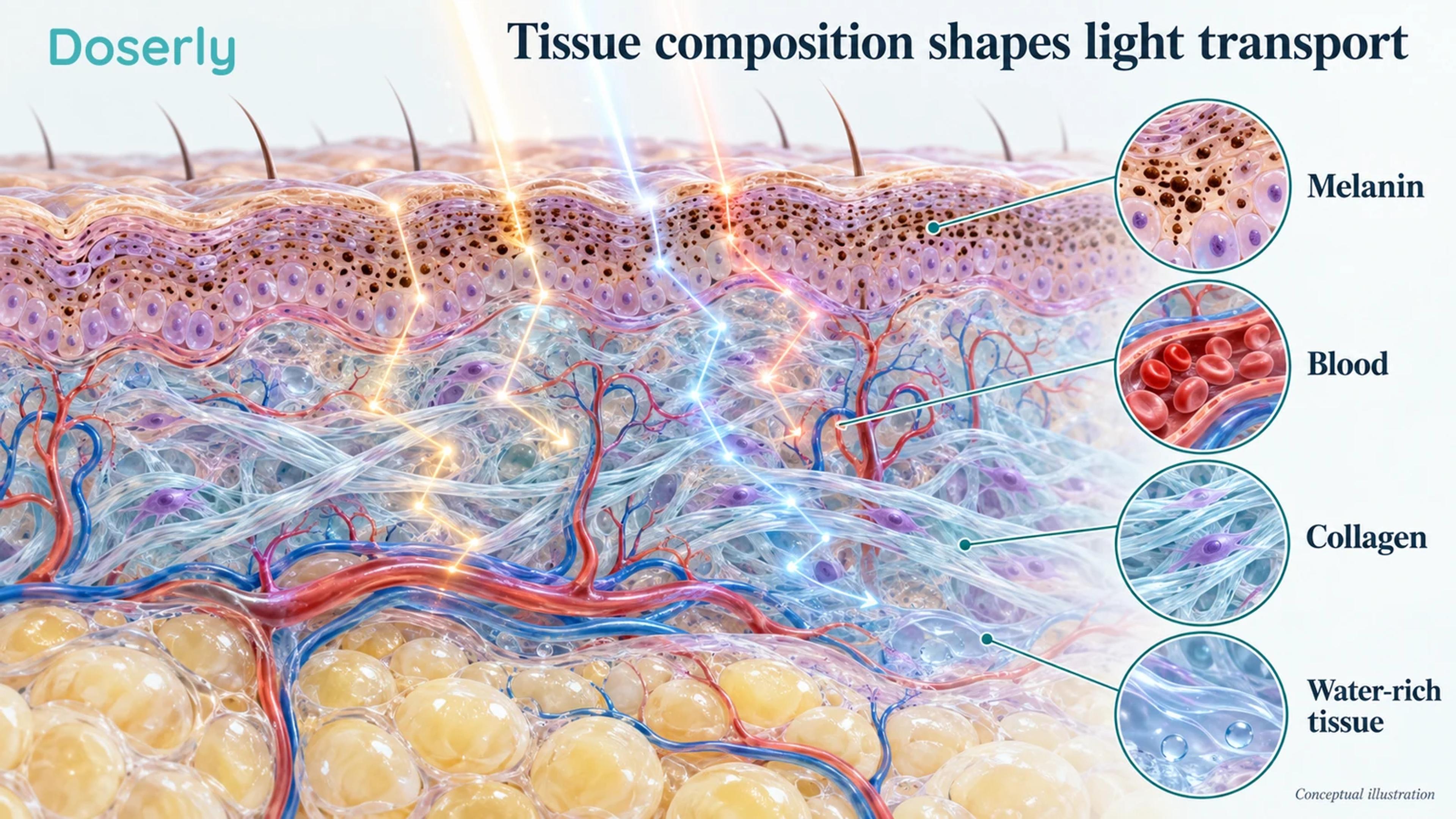 Detailed skin layers showing pigment granules, dermal blood vessels, collagen and subcutaneous fat as different optical contributors.