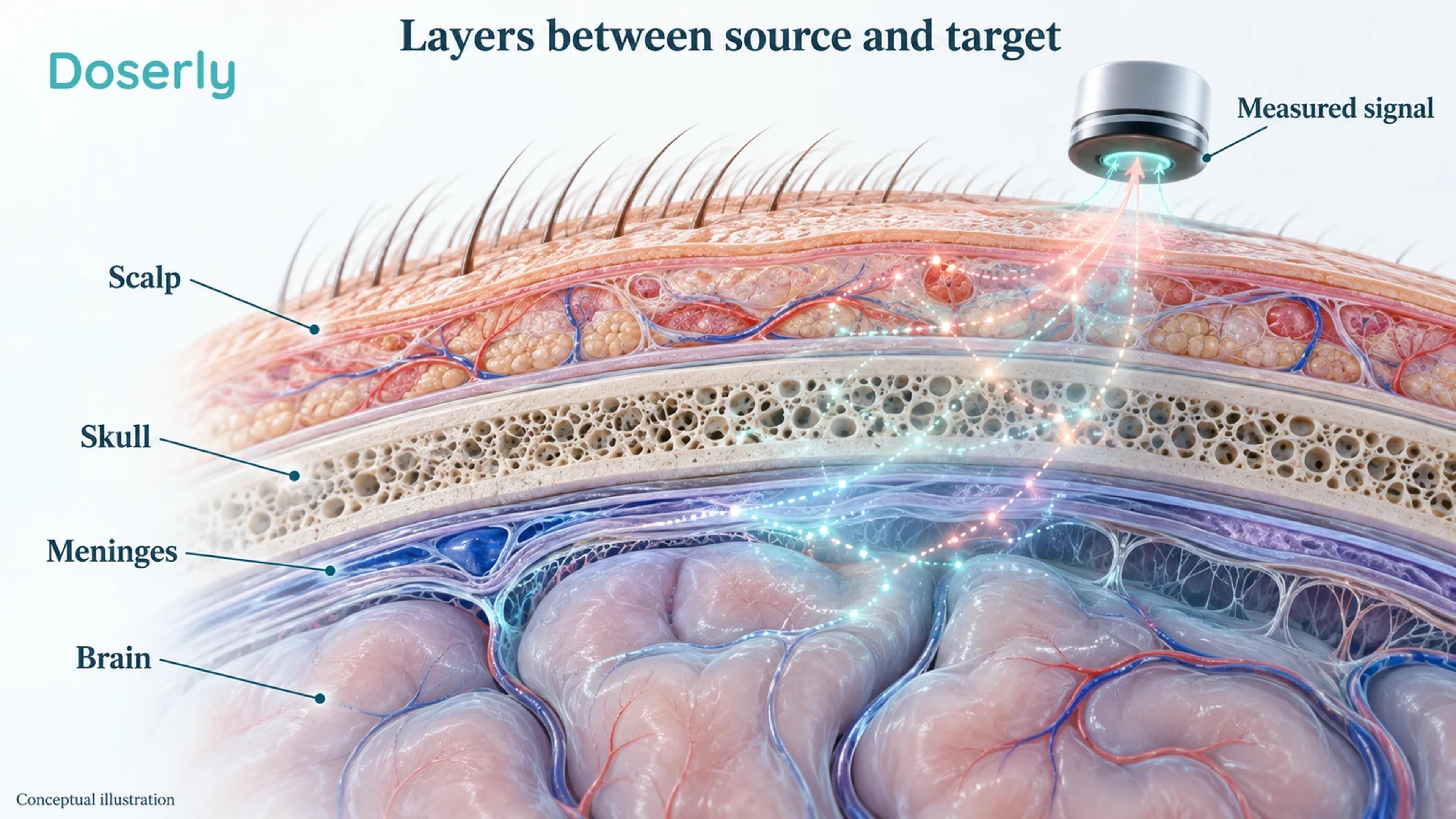A cross-section of scalp, skull, meninges and brain with attenuating, scattering light paths and a separate measurement probe.