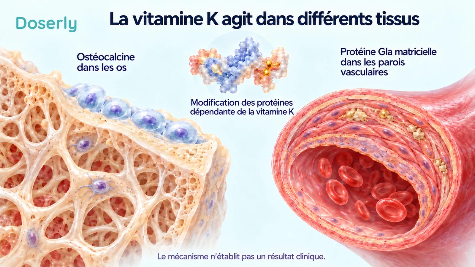 Des coupes séparées d’un os vivant et d’une paroi artérielle montrent les protéines dépendantes de la vitamine K, sans flèche transférant le calcium entre les tissus.