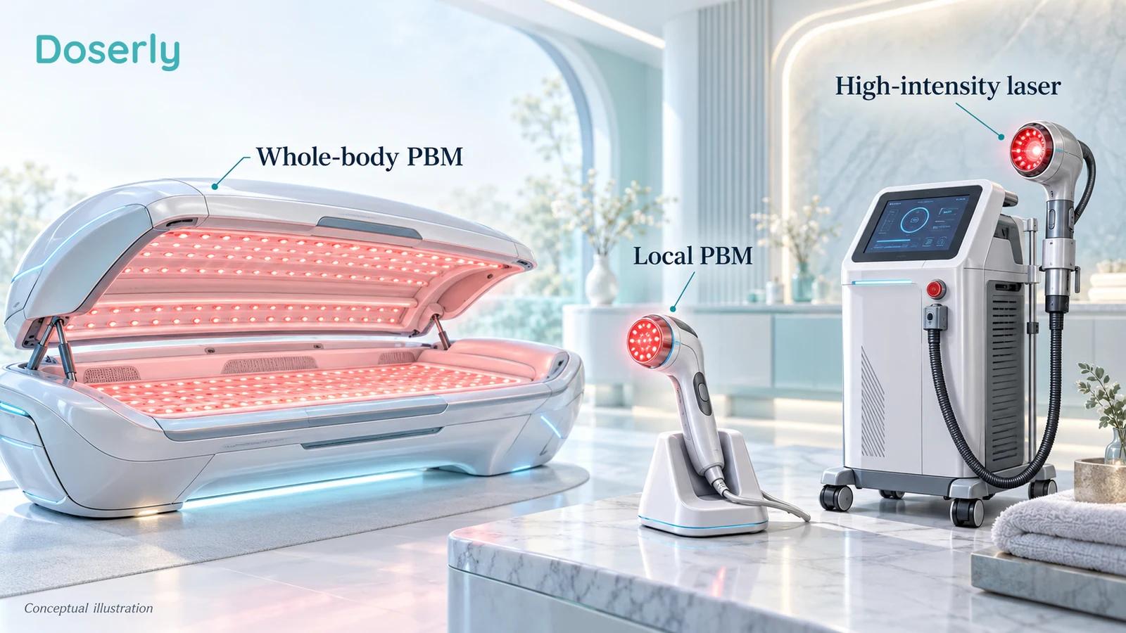 An empty whole-body light bed, a local treatment handpiece and a separate high-intensity laser console illustrate different exposure categories.