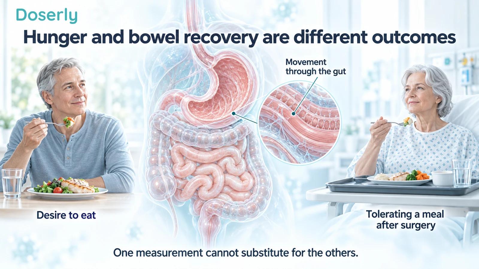 An adult eating, a gut-wall cutaway and a postoperative meal illustrate hunger, transit and meal tolerance.