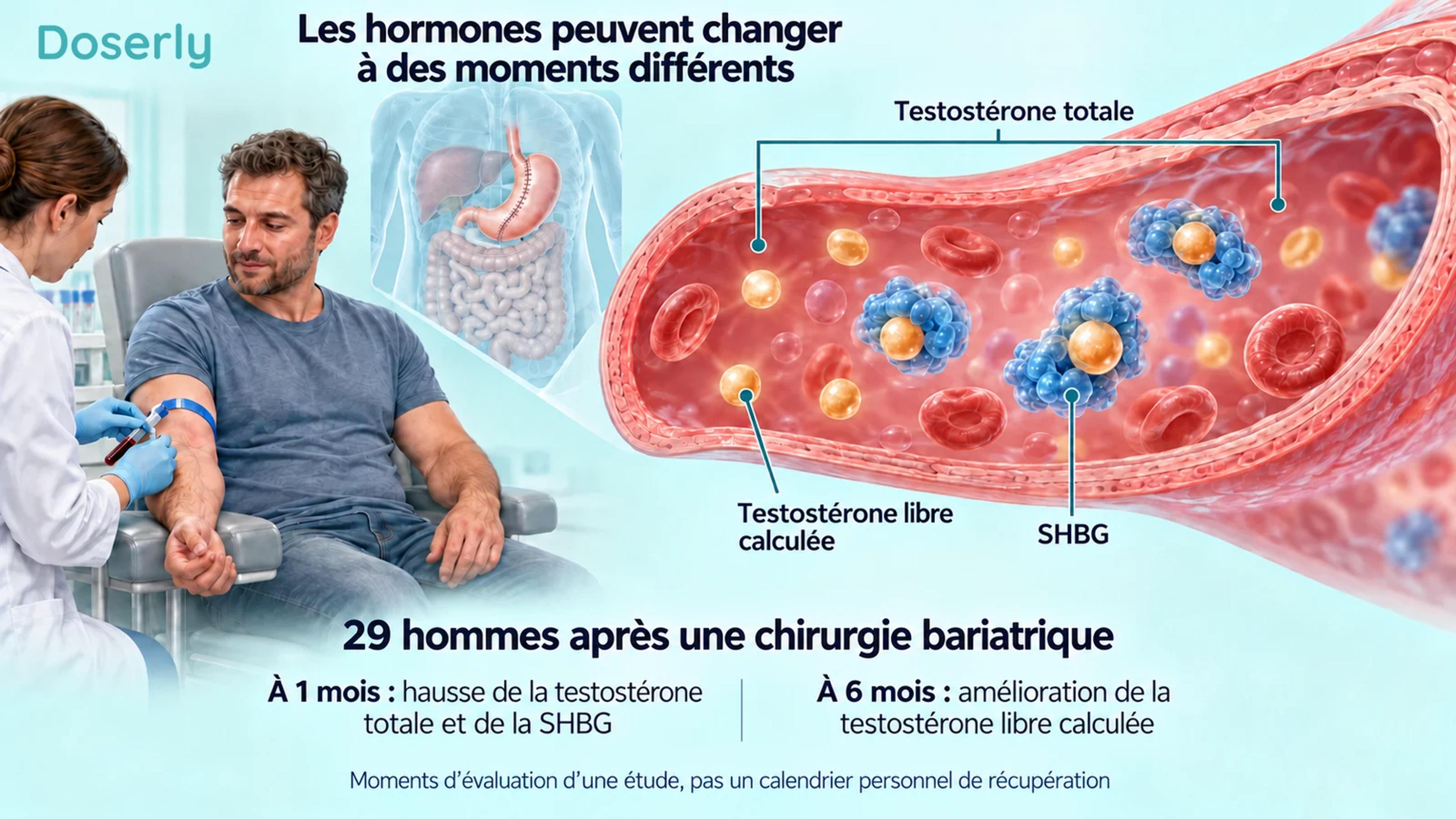 Une scène clinique de prélèvement sanguin et un encadré détaillé des protéines sanguines expliquent que la testostérone totale et la SHBG peuvent changer avant la testostérone libre calculée après une chirurgie bariatrique.