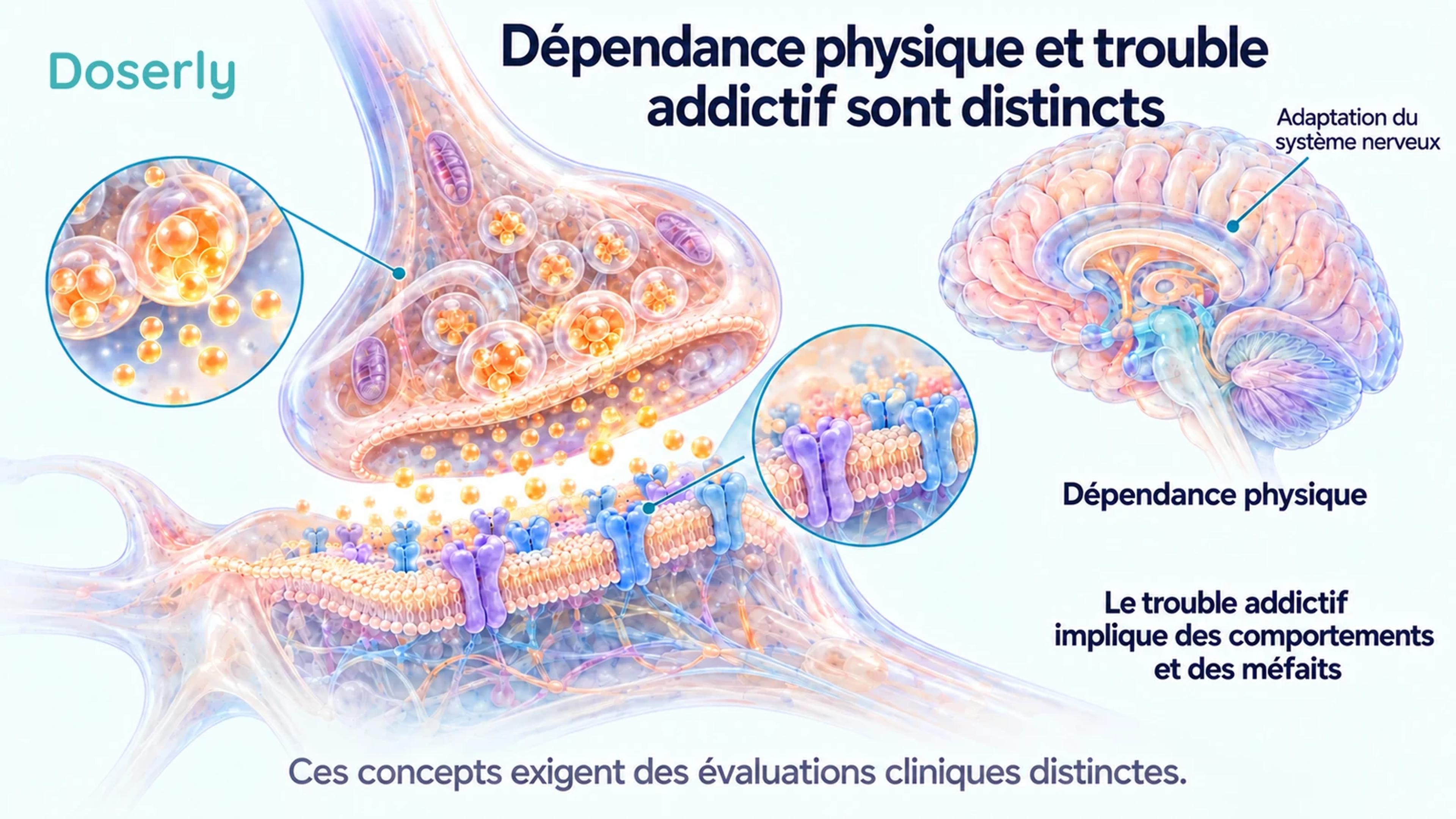 Une jonction nerveuse conceptuelle et un cerveau illustrent l’adaptation du système nerveux, accompagnés des concepts distincts de dépendance physique et de trouble addictif.