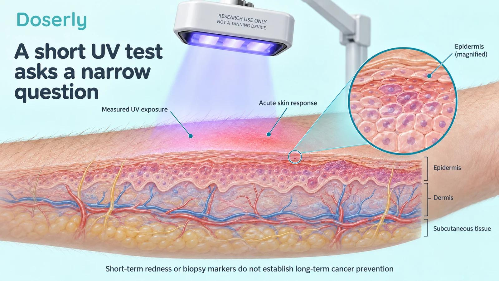 Medical illustration of an experimental UV source over skin and magnified epidermal cells.