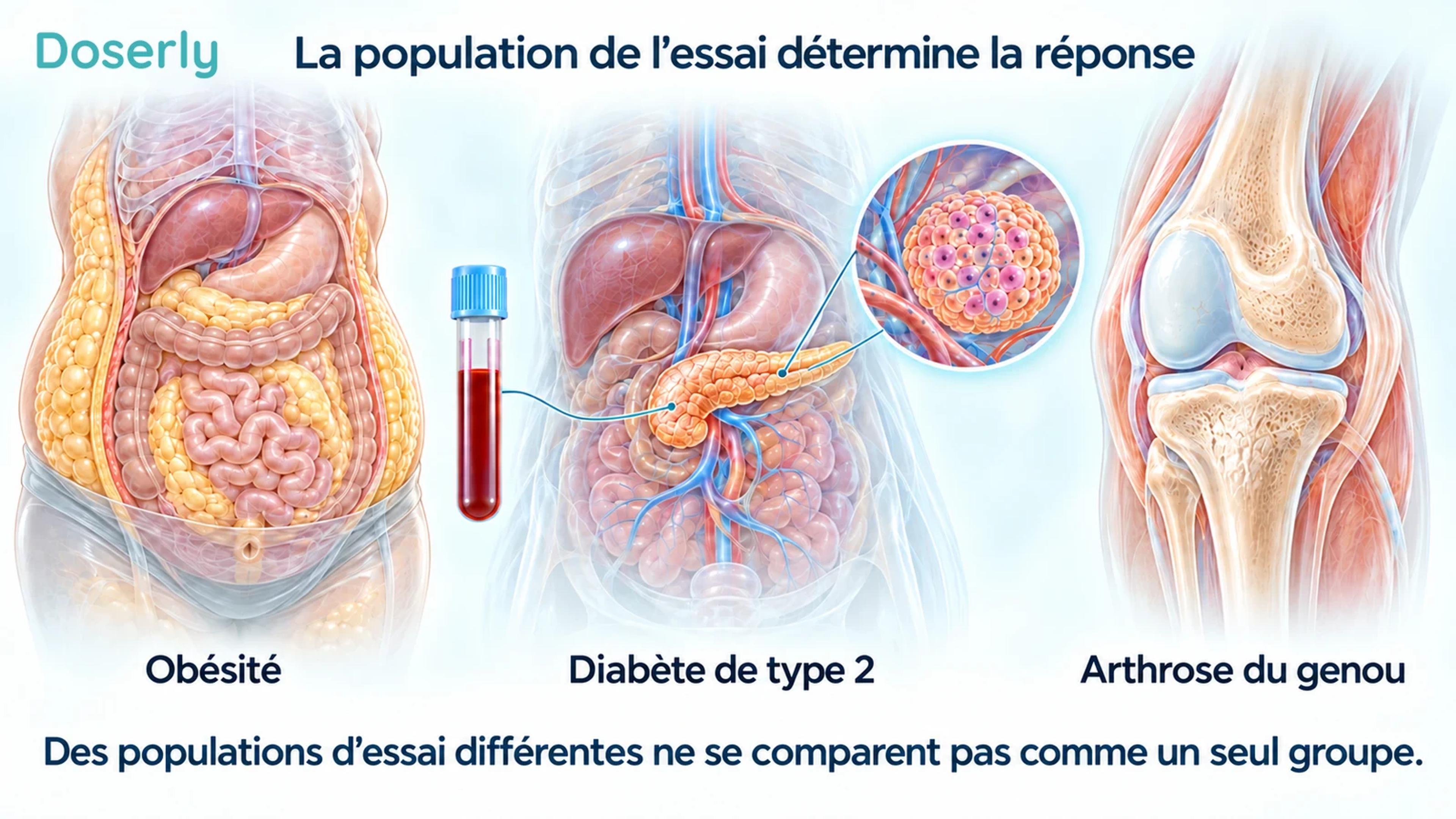 Anatomie abdominale translucide, pancréas avec détail des îlots et articulation du genou illustrant différentes populations d’essai.