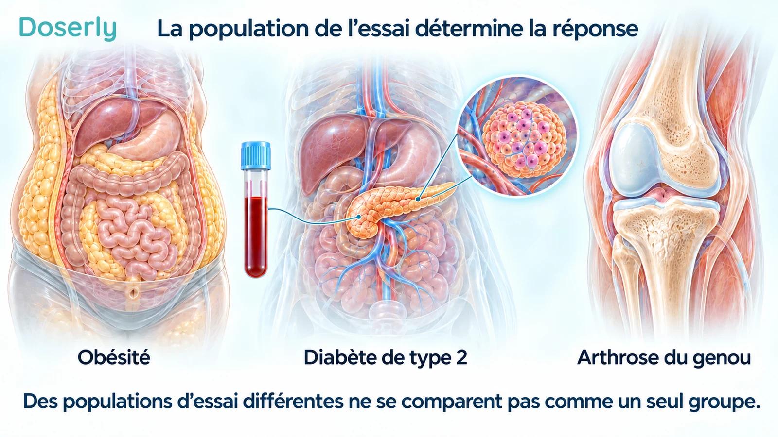 Anatomie abdominale translucide, pancréas avec détail des îlots et articulation du genou illustrant différentes populations d’essai.