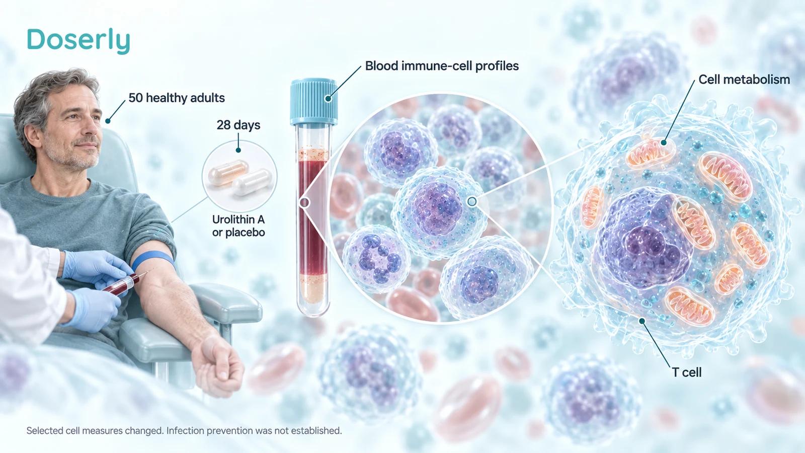 A blood collection and magnified immune cells illustrate the measurements in the 28-day urolithin A trial.