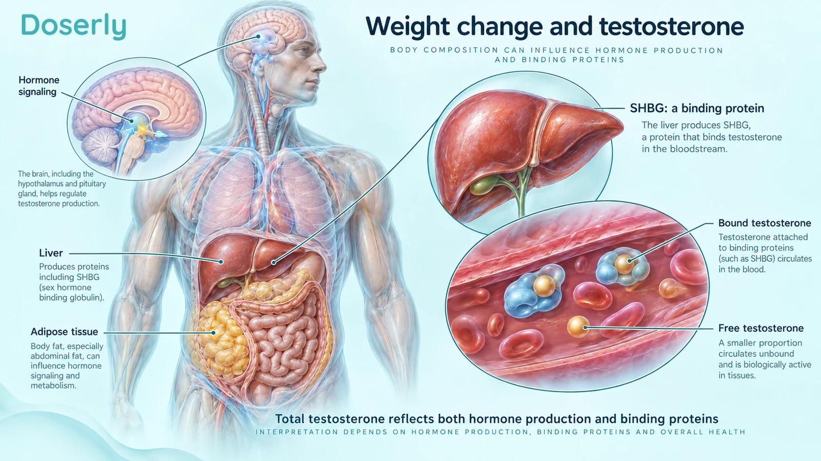 Translucent male anatomy, a liver inset and a blood-vessel illustration distinguish hormone production from testosterone binding to SHBG.