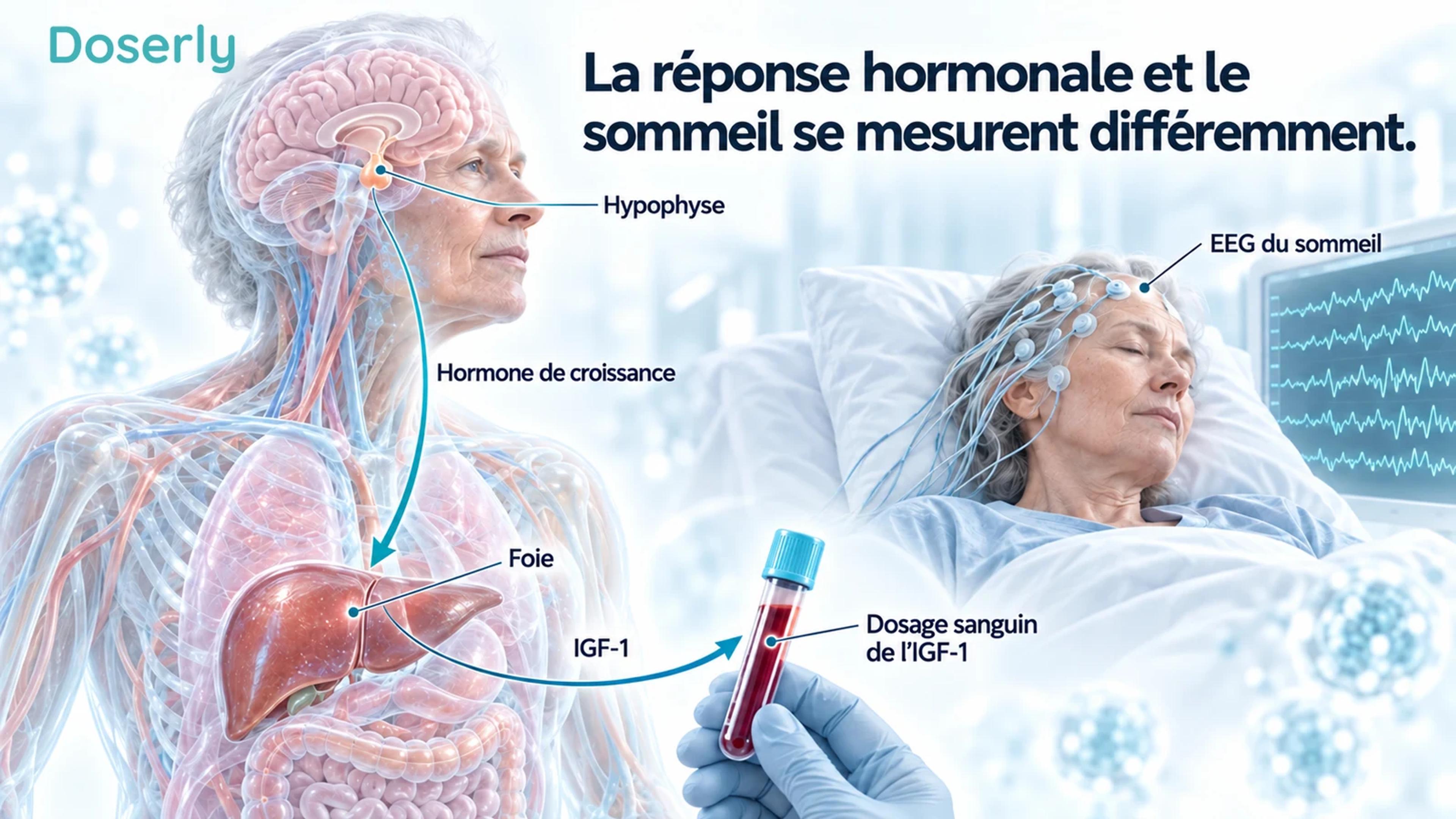 Illustration anatomique détaillée d’un adulte âgé montrant la signalisation de l’hormone de croissance de l’hypophyse vers le foie et un prélèvement sanguin pour l’IGF-1, à côté d’une évaluation distincte du sommeil par EEG.