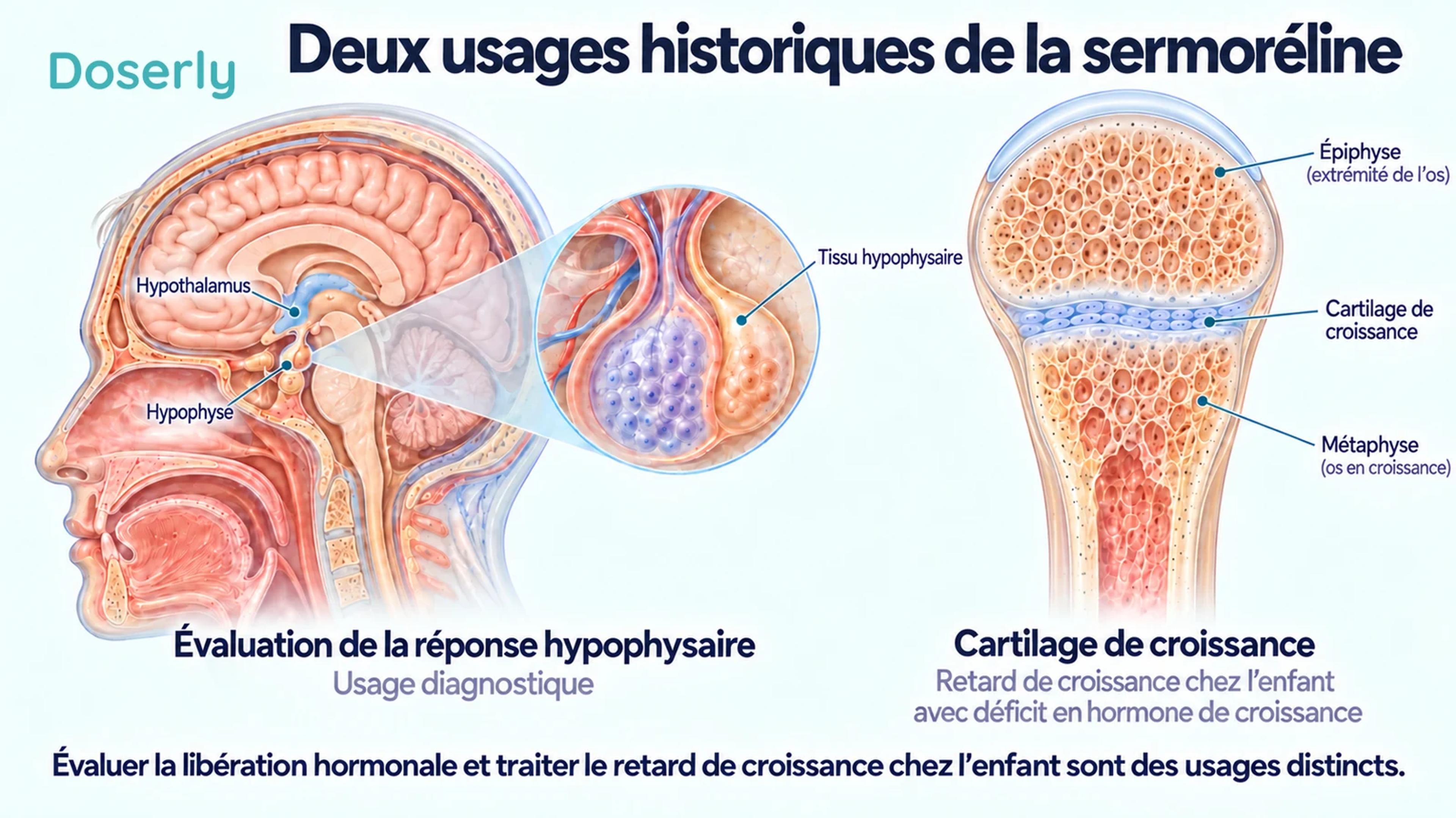 Illustration d’une tête translucide et de l’hypophyse à côté d’un os long en croissance, avec son cartilage de croissance identifié.