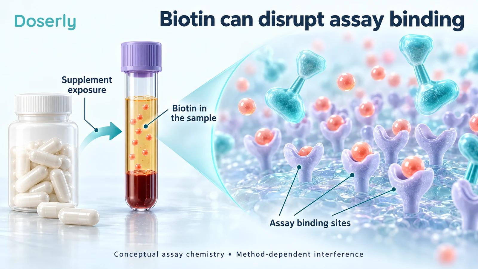 A supplement container and serum specimen sit beside a magnified schematic binding surface with excess biotin represented by small coral spheres.