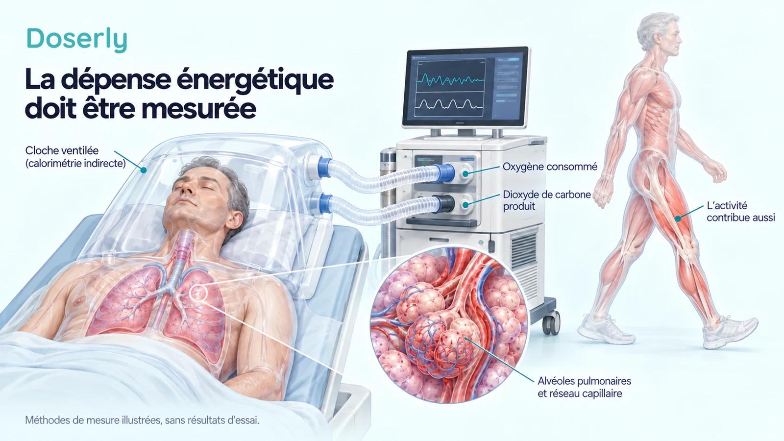 Illustration d’une cloche ventilée de calorimétrie, d’un appareil d’analyse des gaz, de l’anatomie pulmonaire et d’une personne qui marche, montrant différentes façons d’évaluer l’utilisation d’énergie.