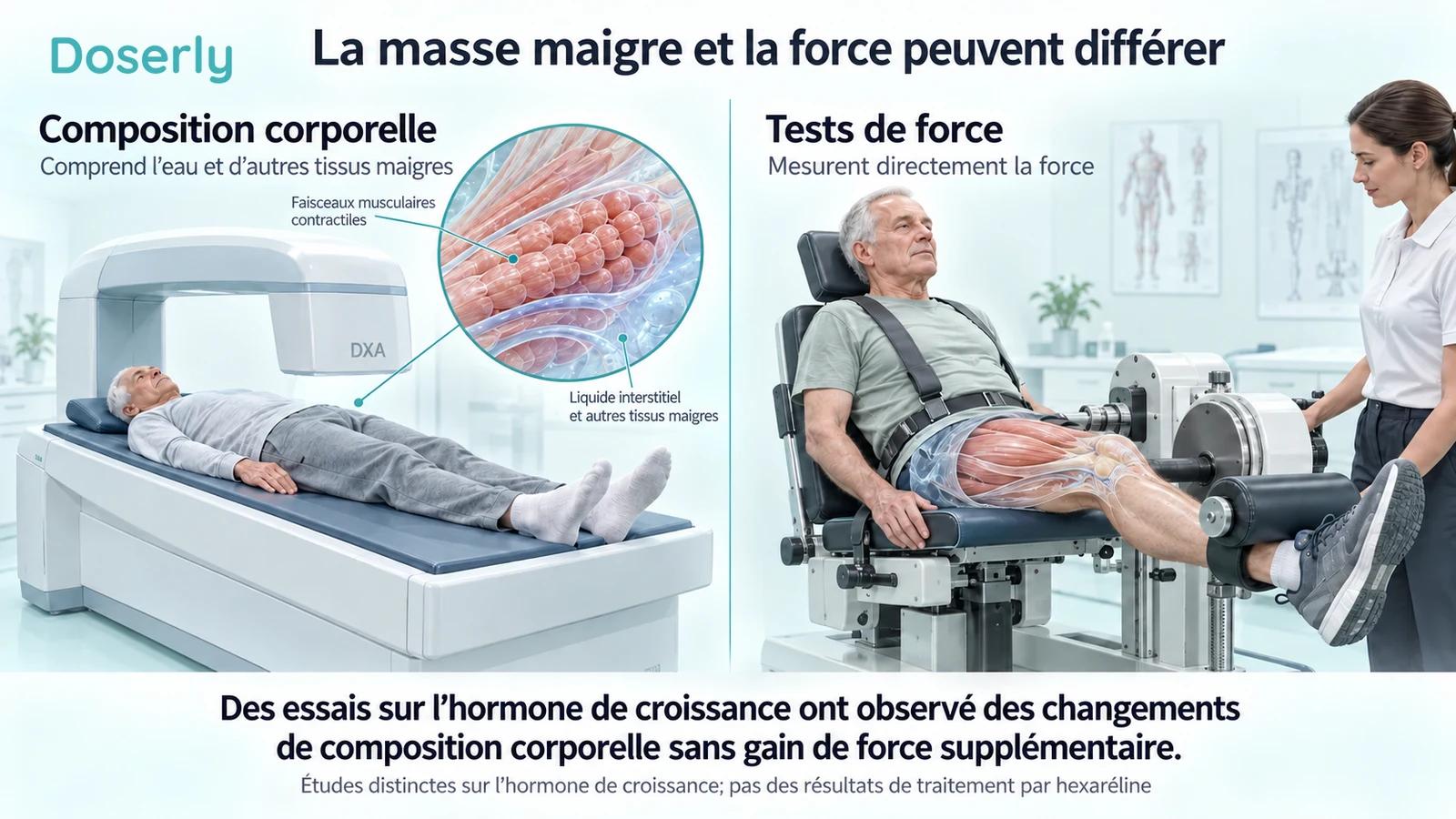 Une personne âgée passant un examen d’imagerie de la composition corporelle à côté d’un test clinique de force du genou, avec une vue en coupe du muscle et des liquides.