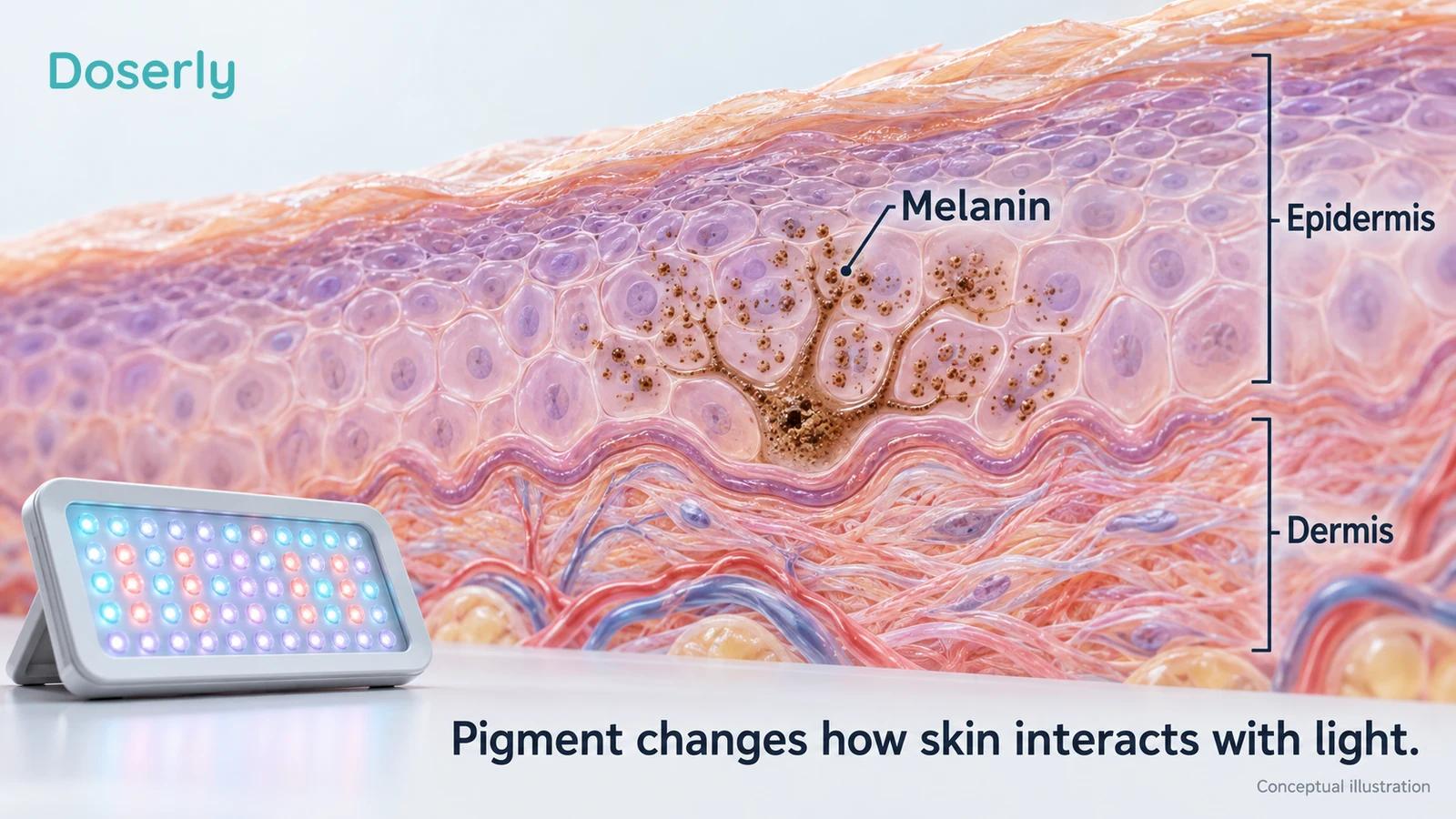 A detailed epidermal cutaway shows melanin-containing cells above the dermis beside a generic light device.