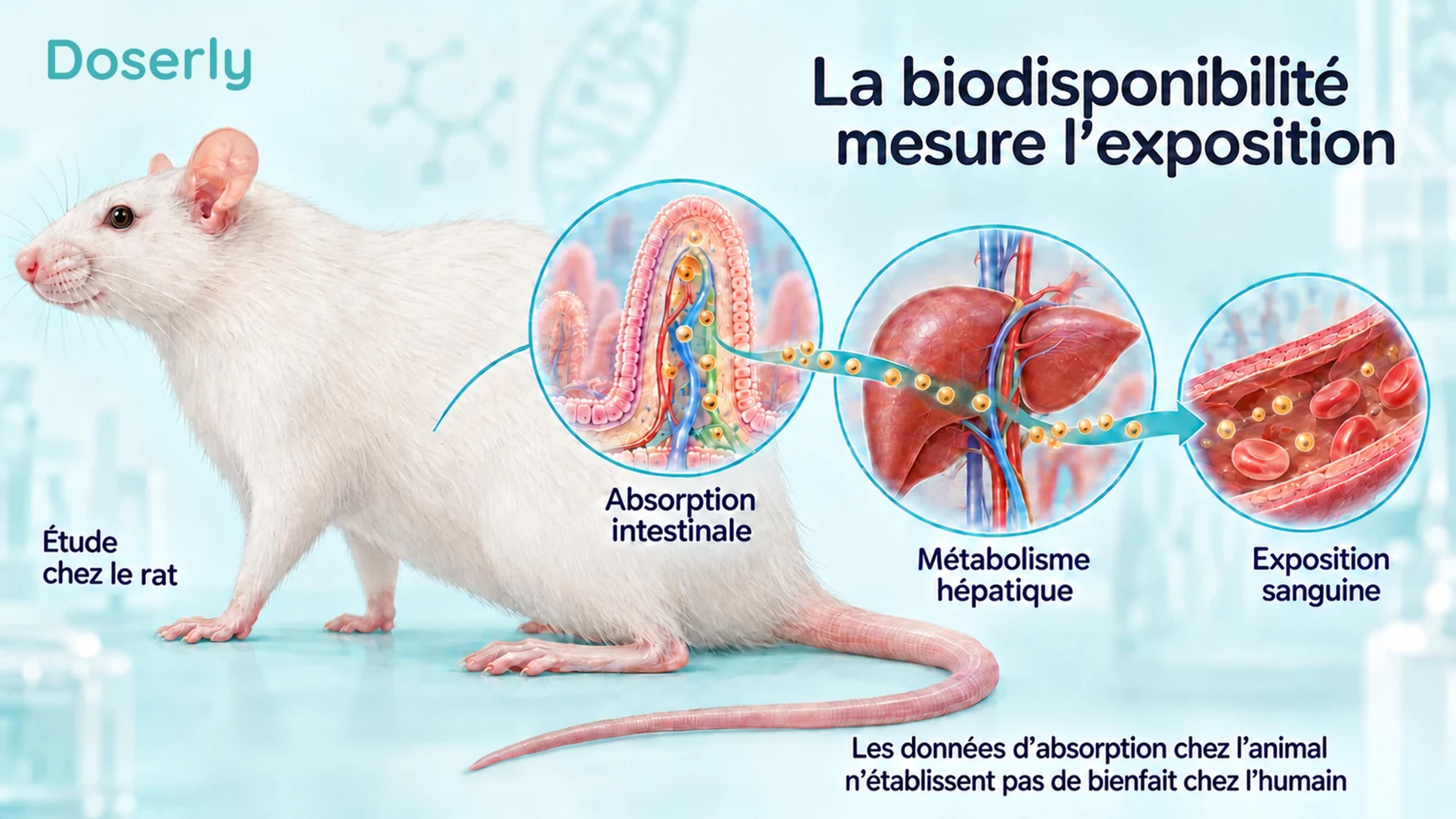 Rat de laboratoire à côté d’encadrés schématiques sur l’absorption intestinale, le métabolisme hépatique et l’exposition sanguine.