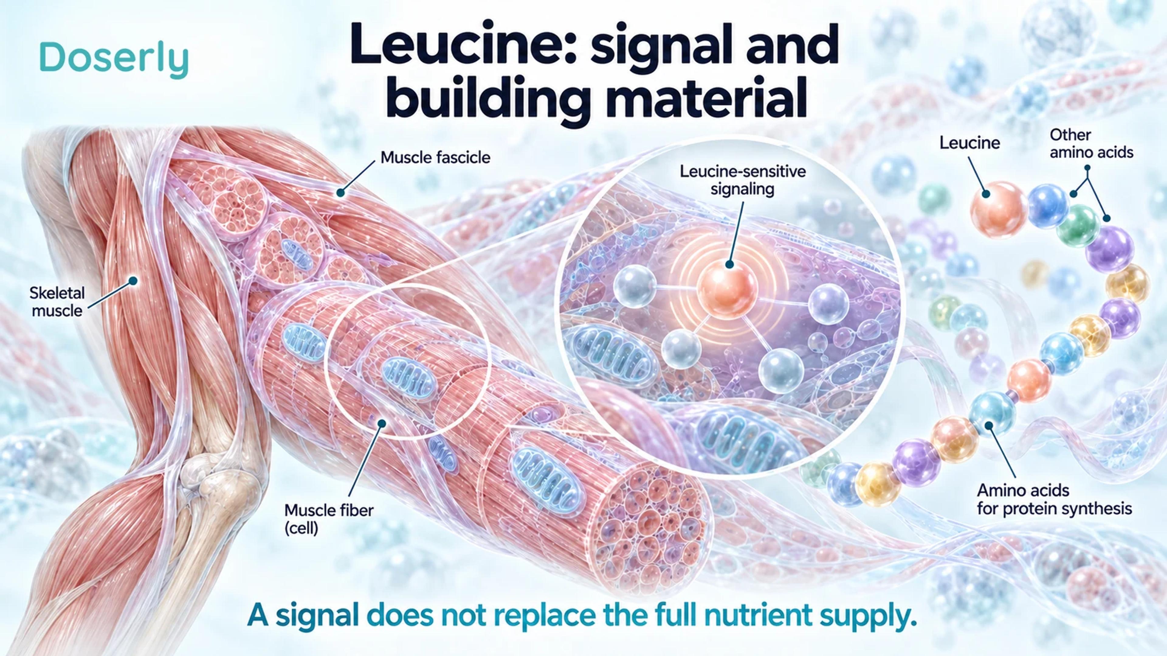 A translucent muscle illustration separates leucine-sensitive signaling from the varied amino acids used in protein synthesis.