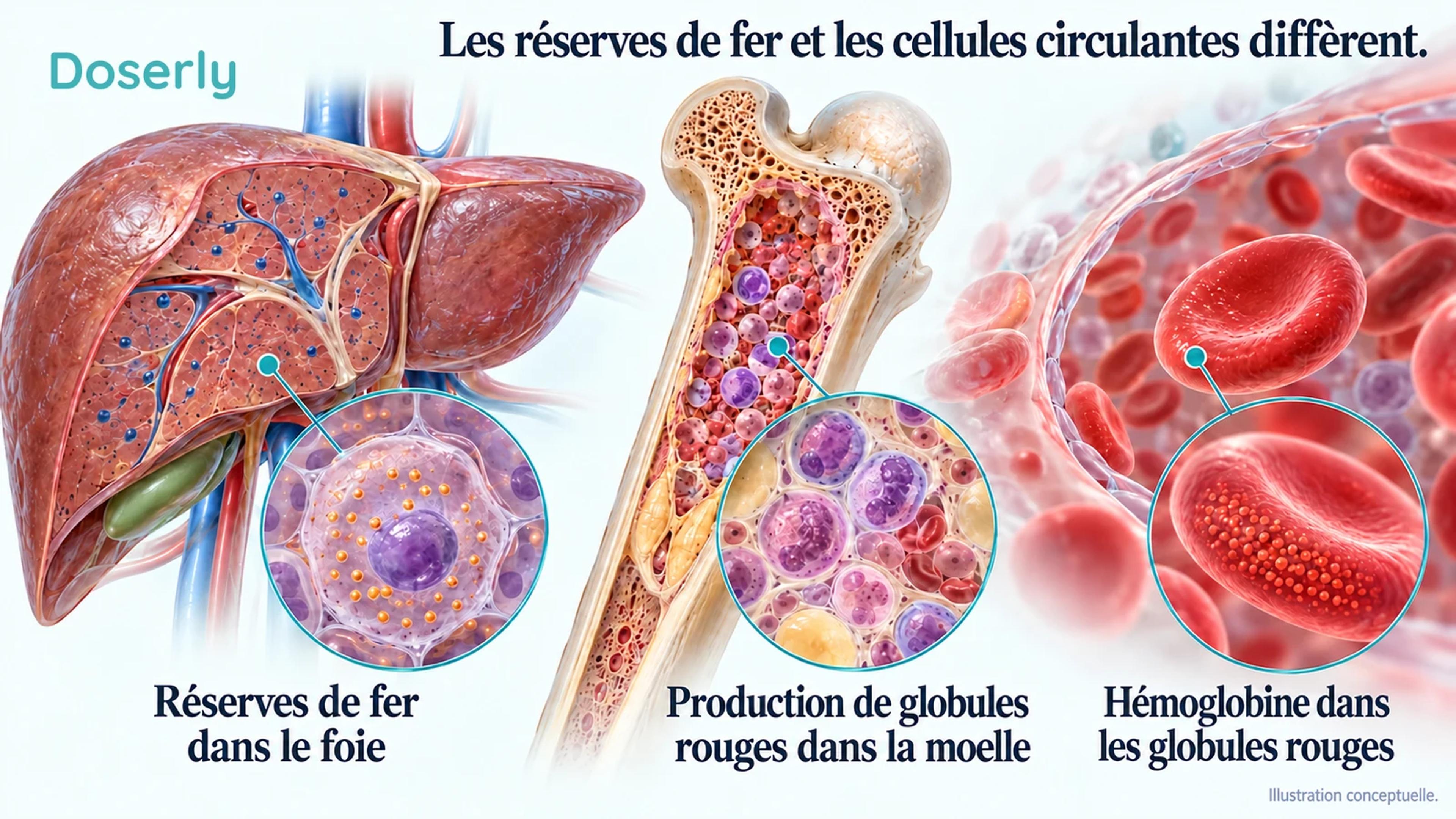 Un foie translucide, une coupe de moelle osseuse et des globules rouges distinguent le fer en réserve du fer déjà incorporé aux cellules en circulation.