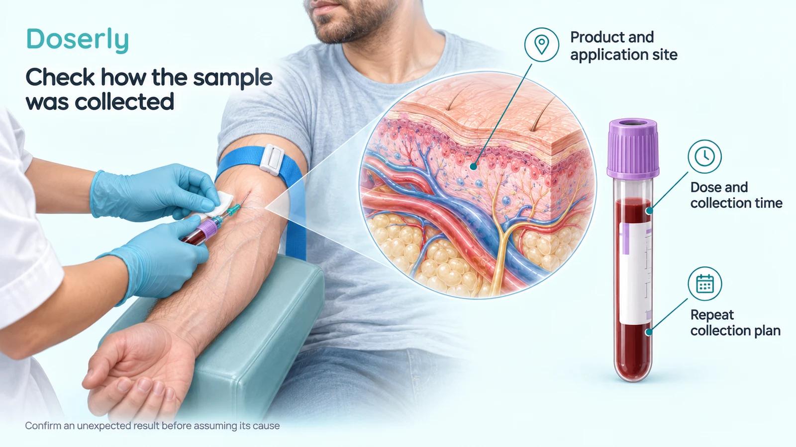 A clinician collecting a sample from a male patient with detailed skin anatomy and a separate sample tube.
