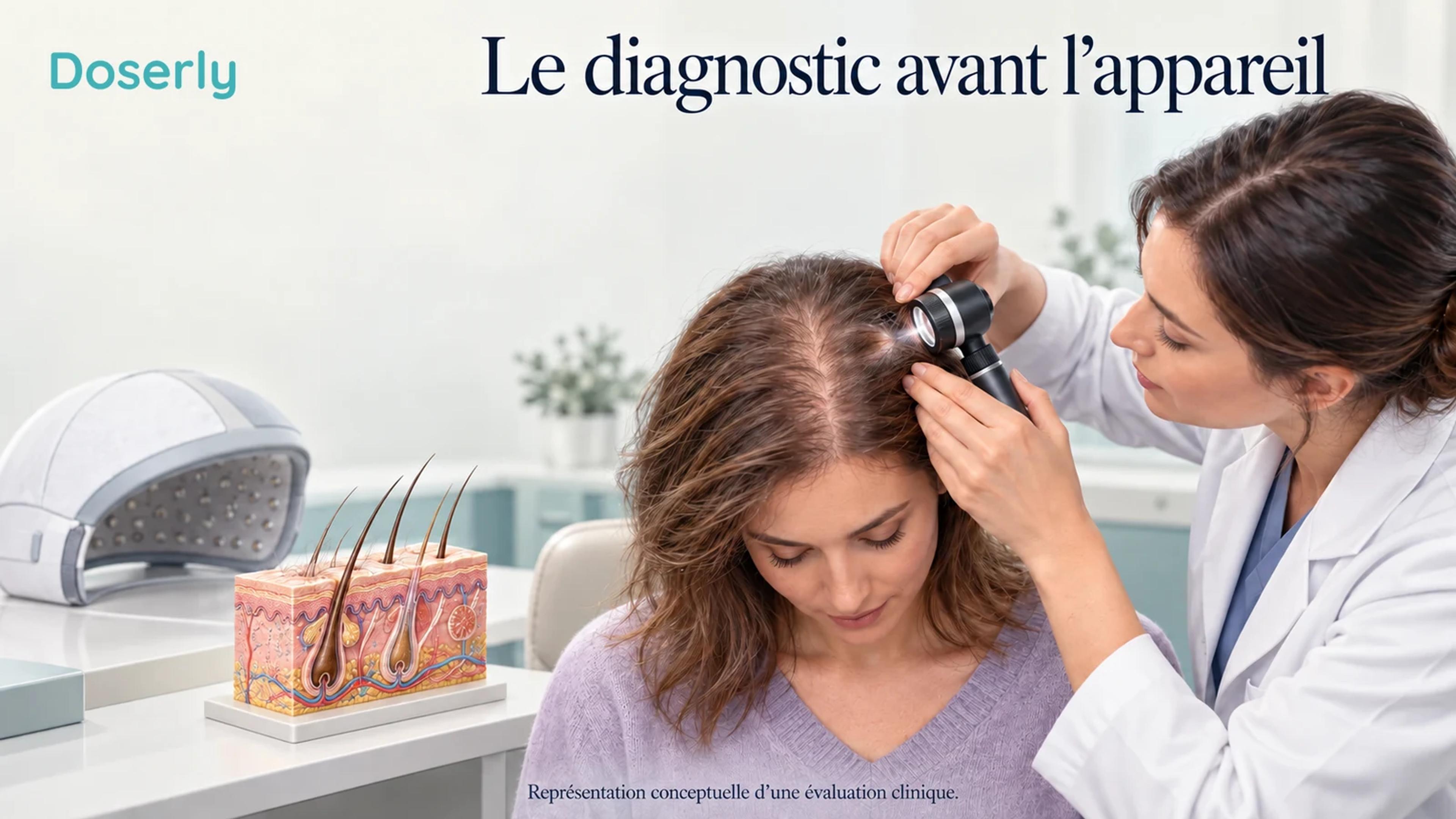 Un clinicien examine le cuir chevelu d’une femme avec un dermatoscope; un casque lumineux éteint et un modèle de follicule sont posés à proximité.