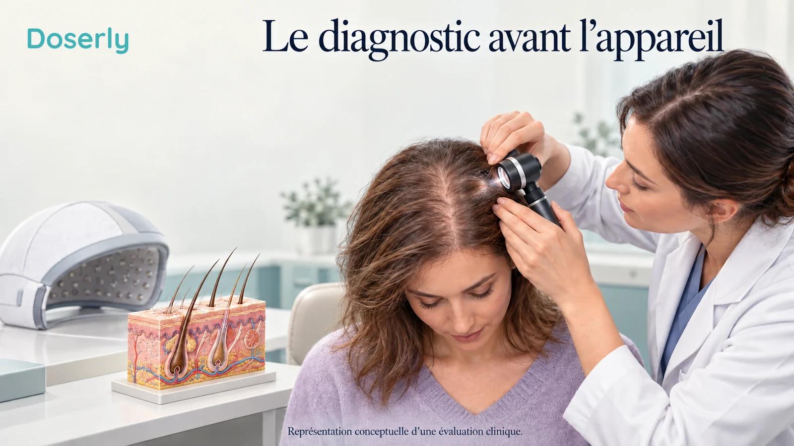 Un clinicien examine le cuir chevelu d’une femme avec un dermatoscope; un casque lumineux éteint et un modèle de follicule sont posés à proximité.