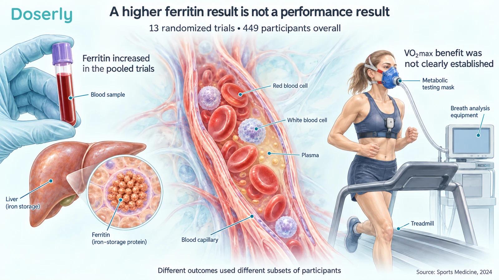 Blood sampling and iron-storage anatomy contrasted with an illustrated athlete undergoing metabolic exercise testing.