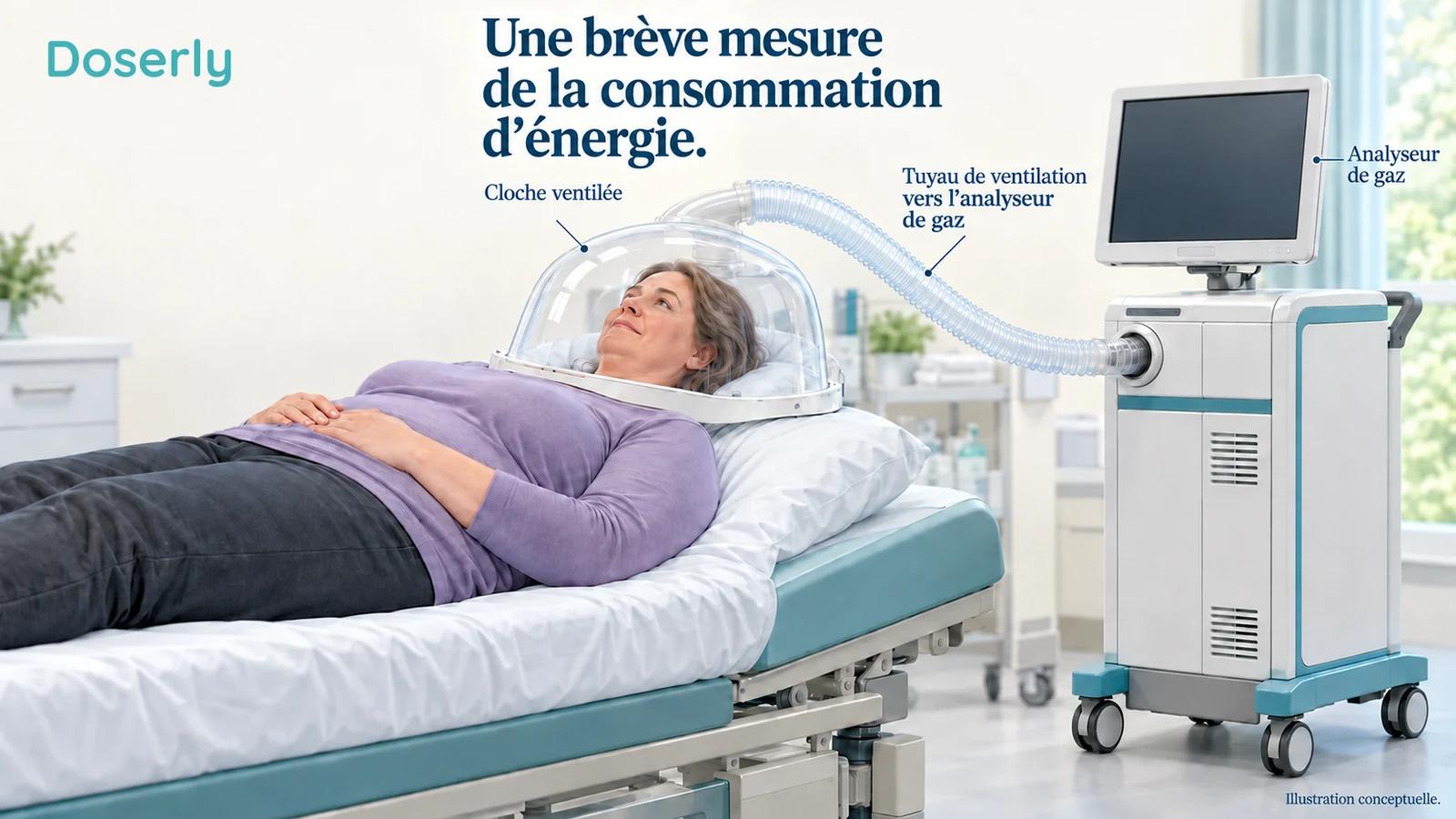 Une évaluation conceptuelle par calorimétrie indirecte montre un adulte au repos sous une cloche transparente ventilée reliée à un équipement d’analyse des gaz.