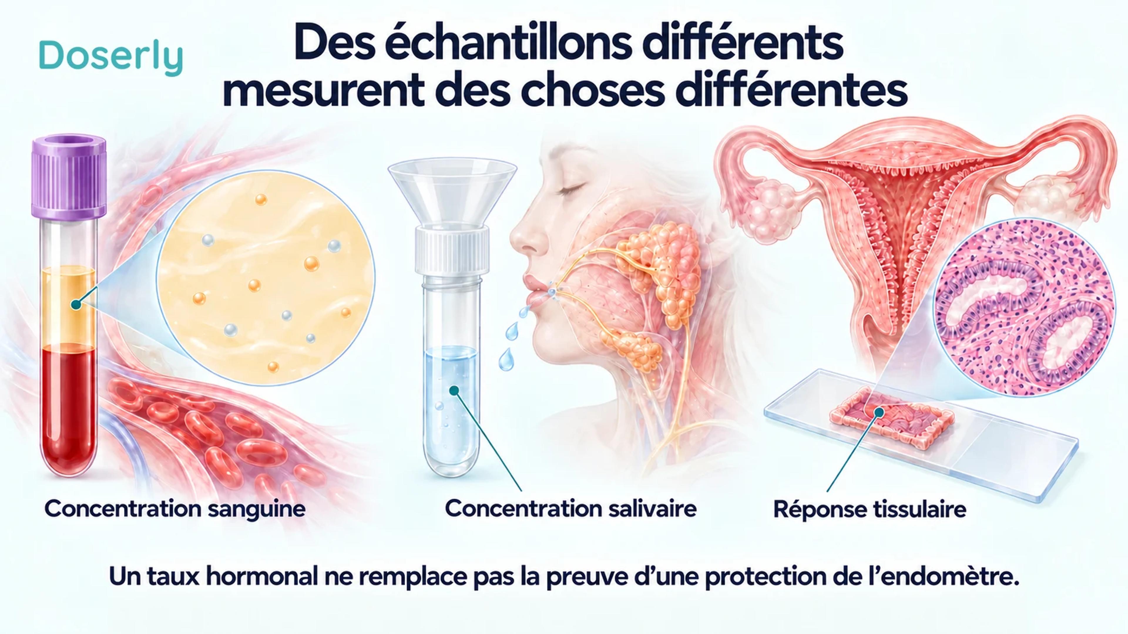 Des échantillons de sang et de salive à côté d’une lame de tissu endométrial illustrent la différence entre les mesures de concentration et la réponse tissulaire.