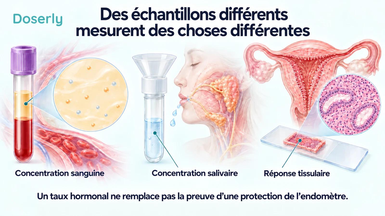 Des échantillons de sang et de salive à côté d’une lame de tissu endométrial illustrent la différence entre les mesures de concentration et la réponse tissulaire.