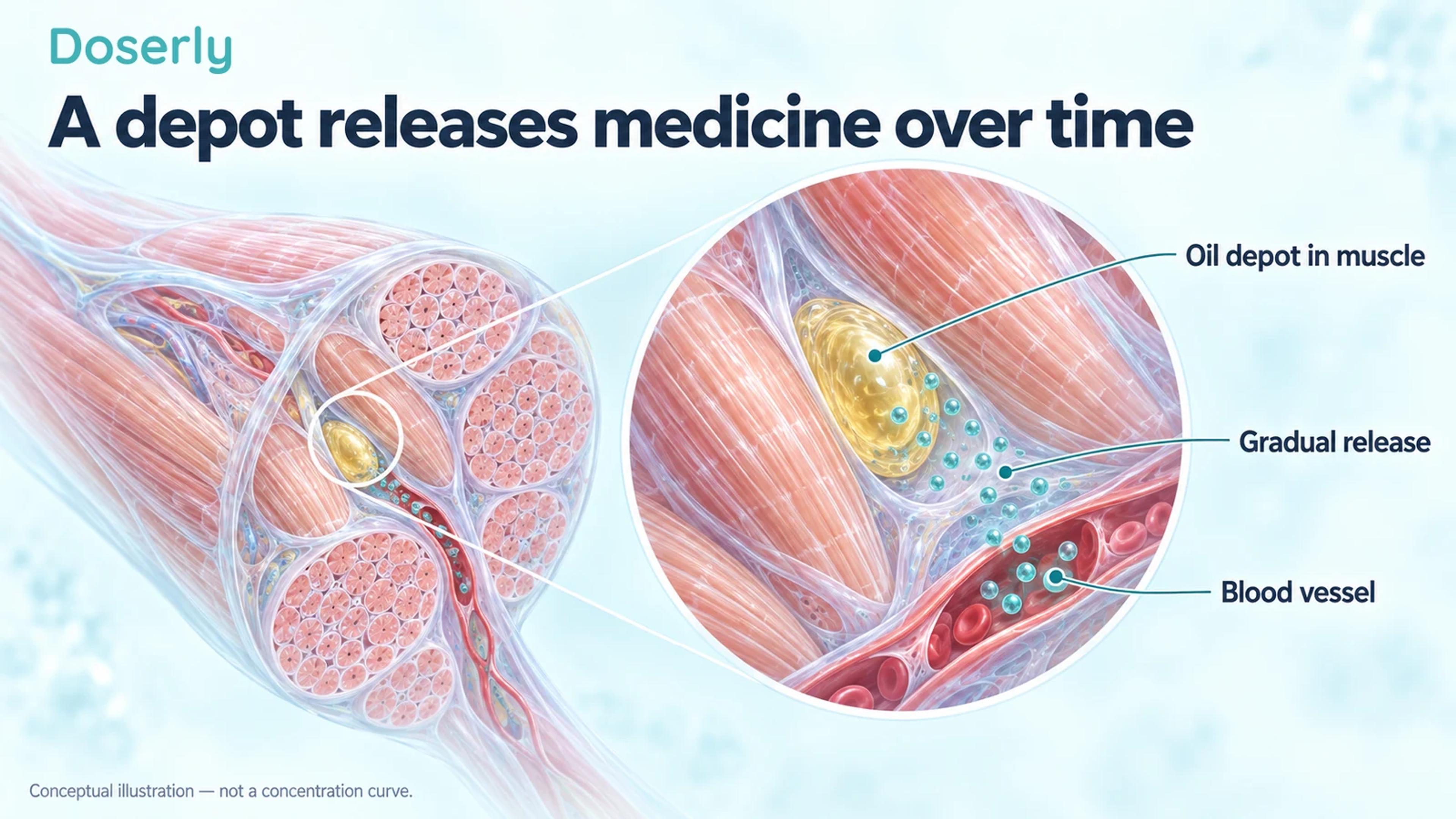 Detailed muscle fibers surround an oil depot beside a small blood vessel, illustrating gradual release of medicine into the circulation.