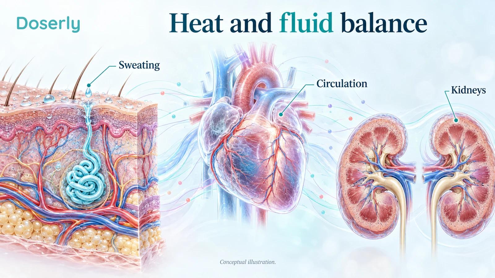 Skin vessels, sweat glands and kidneys connected conceptually to fluid balance during heating.