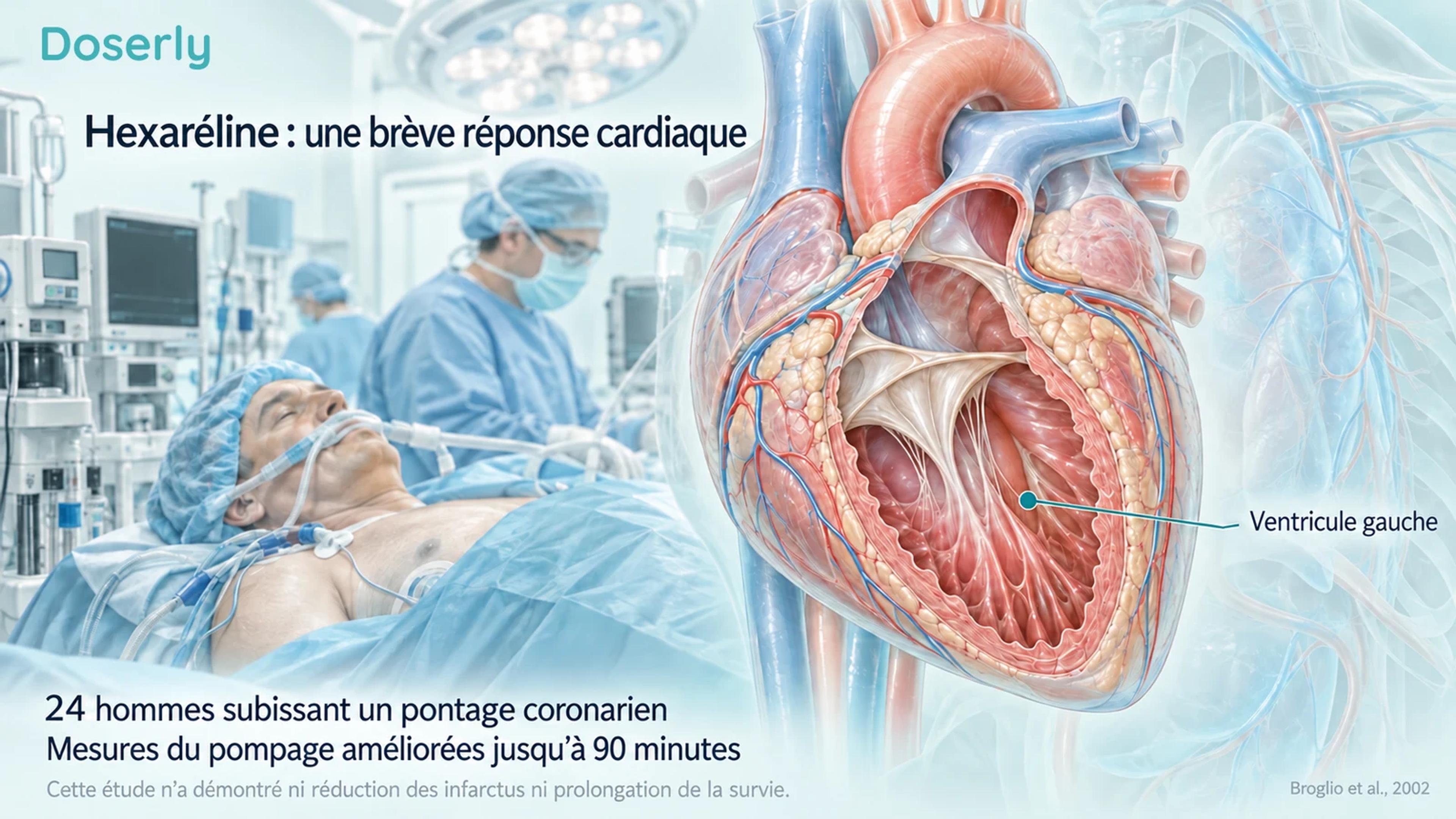 Anatomie détaillée du cœur à côté d’une scène chirurgicale clinique résumant de brefs changements de pompage dans une étude de pontage menée auprès de 24 participants.